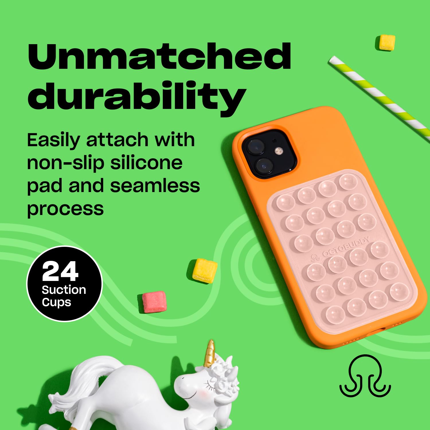 OCTOBUDDY MAX Silicone Suction Phone Case Adhesive Mount - Hands-Free, Strong Grip Holder for Selfies, Videos, and Vlogging - Durable, Easy to Use - iPhone and Android Compatible - 2.6″ x 3.9″, Green Ash - Perfect for Car, Desk, and Outdoor Adventures