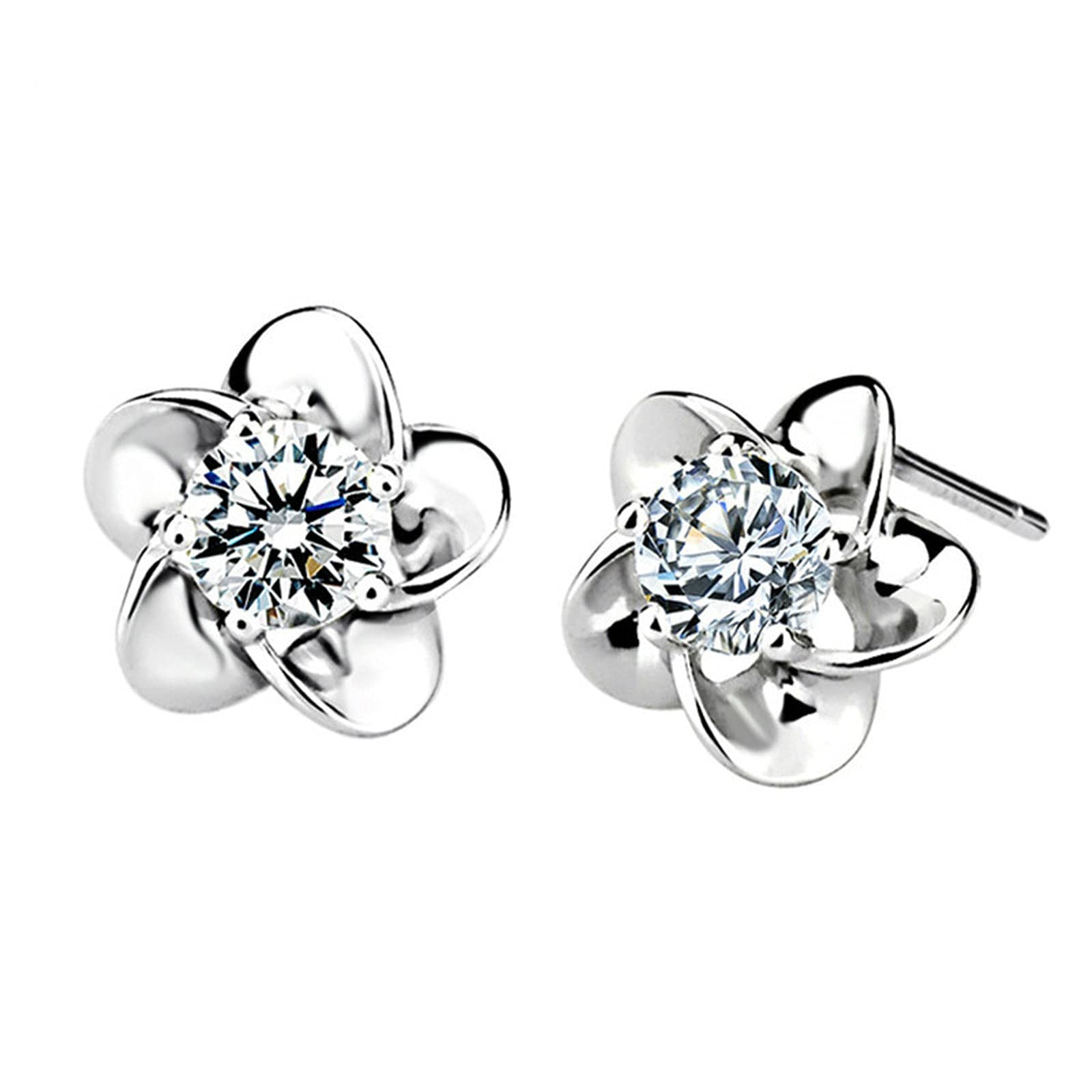 **Elegant Heart & Flower Crystal Stud Earrings for Women - Silver Plated CZ Zirconia Diamond Ear Studs (Size F) - Perfect for Weddings, Parties & Everyday Wear**