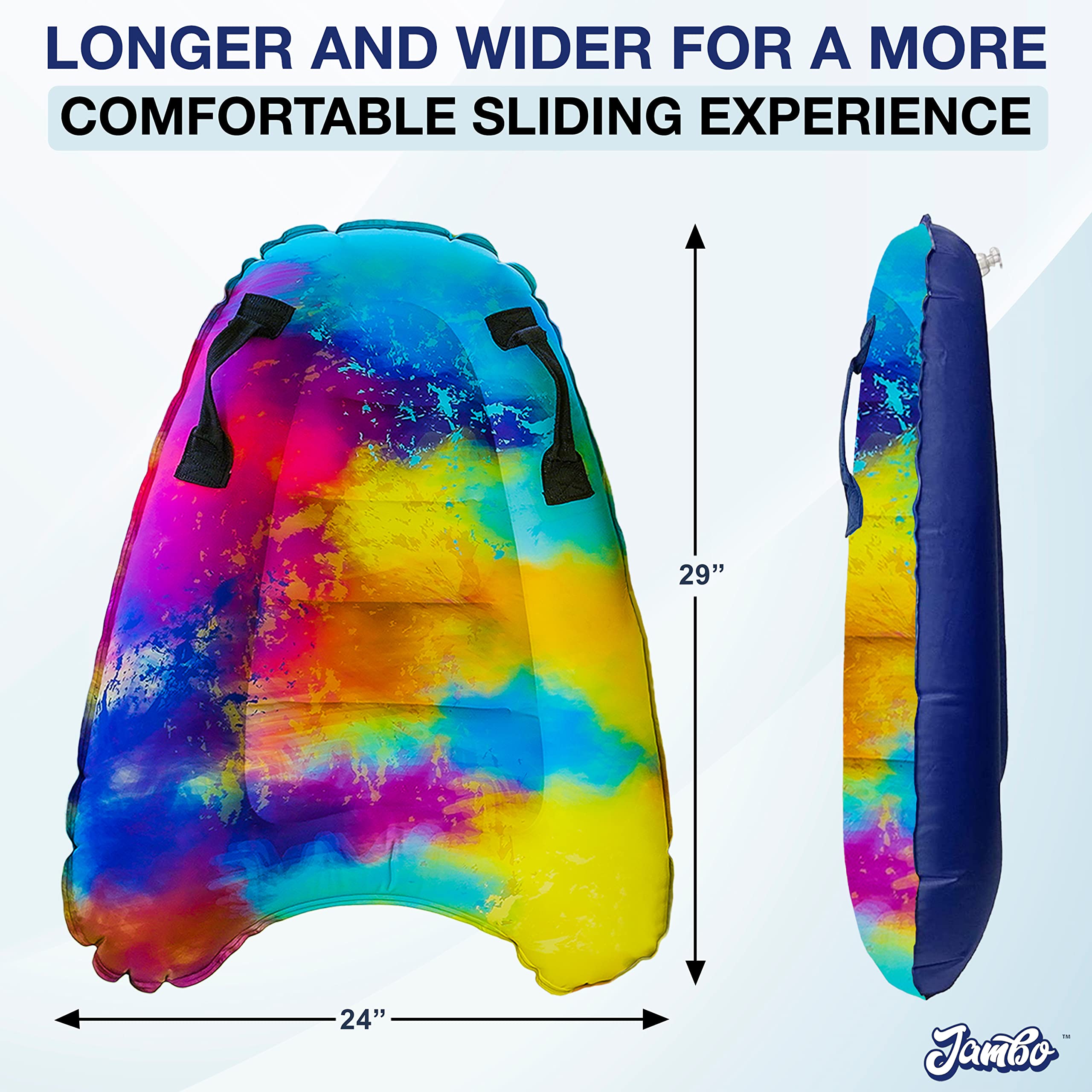 JAMBO Inflatable Body Board with Handles - Lightweight Boogie Board for Surfing, Swimming & Floating - Perfect Beach & Pool Toy for Kids - Great for Ocean Waves, Pool Parties & Summer Water Fun