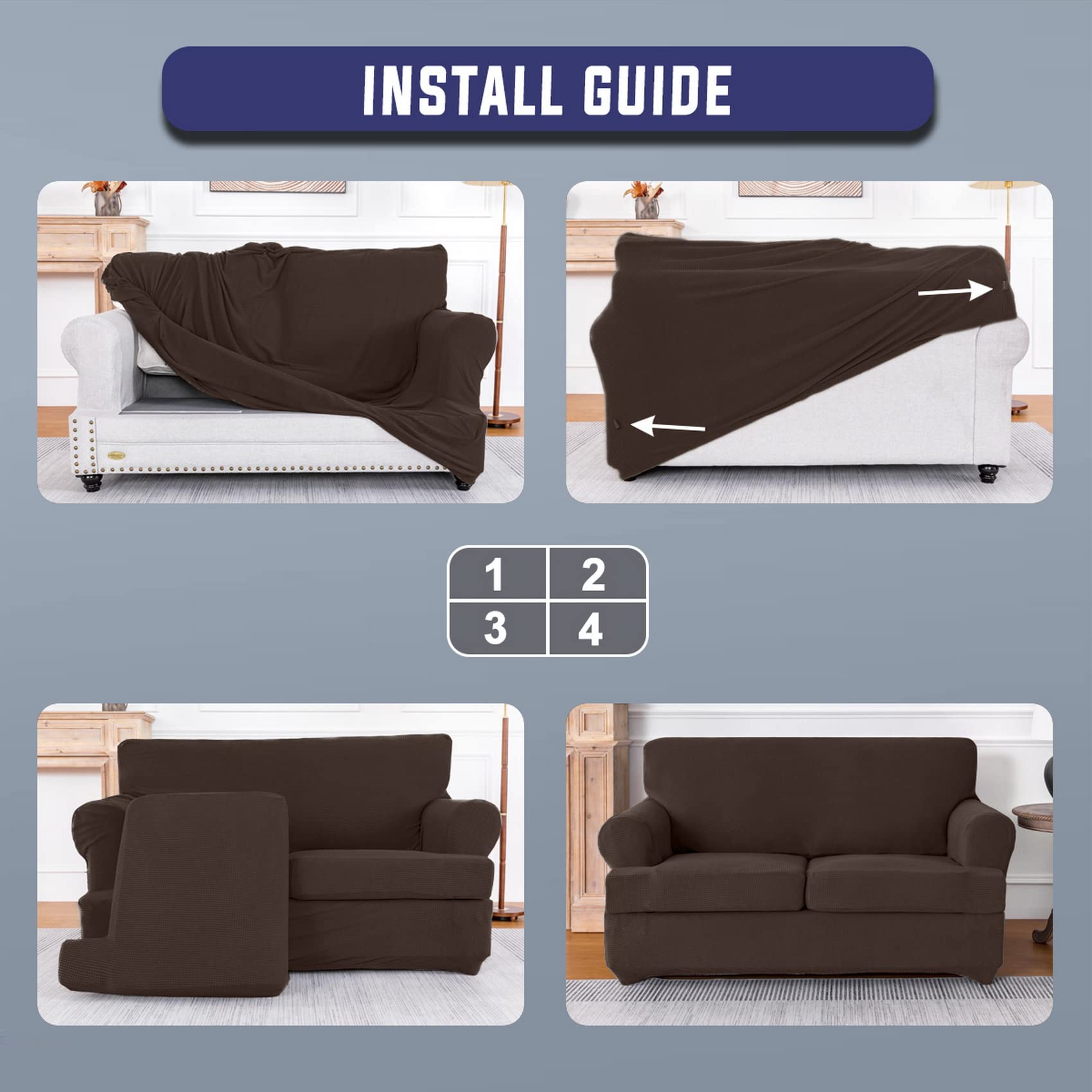 2-Piece Stretch Sofa Covers for T-Cushion Chairs - Furniture Protector Slipcovers with 1 Bonus Seat Cover (Larger Size, Chocolate Brown) - Perfect for Living Room, Sectional Sofas & Home Decor Protection