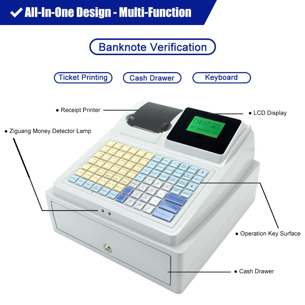 48-Key Electronic Cash Register with Money Drawer, Flat Keyboard & Thermal Printer - Commercial POS System for Retail Stores, Restaurants & Small Businesses