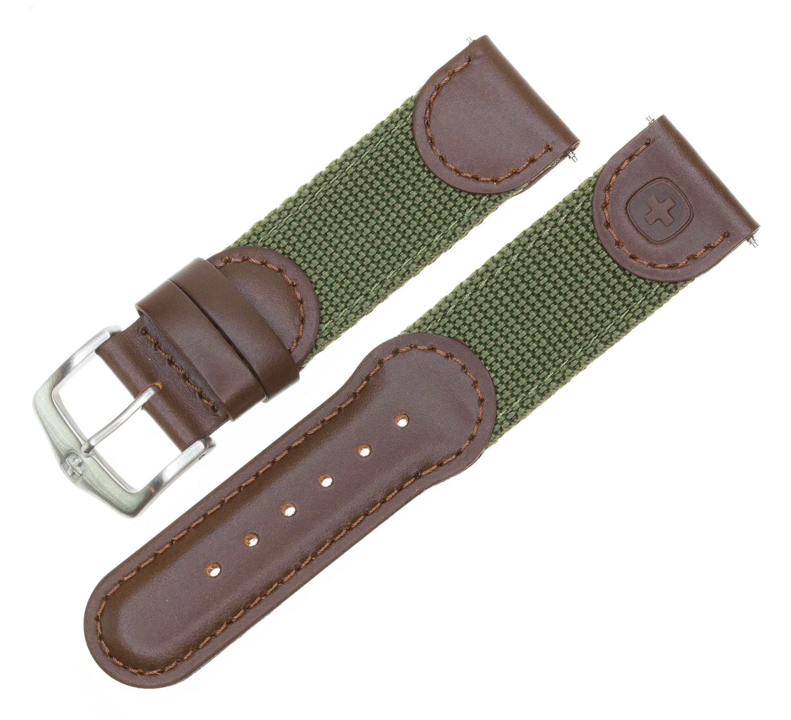 Original Wenger Swiss Army 21mm Genuine Brown Leather & Army Green Nylon Watch Band Replacement - Perfect for Outdoor Adventures, Military Use & Everyday Wear