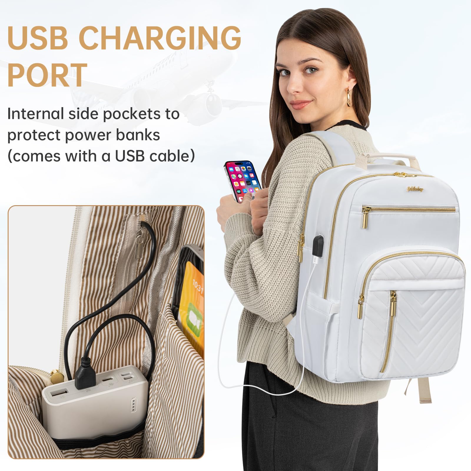 Stylish Quilted Laptop Backpack for Women - Waterproof USB Charging Computer Bag Fits 15.6 Inch Notebook - Perfect for Work, Travel & College (White) | Office Commute, Business Trips & Daily Use