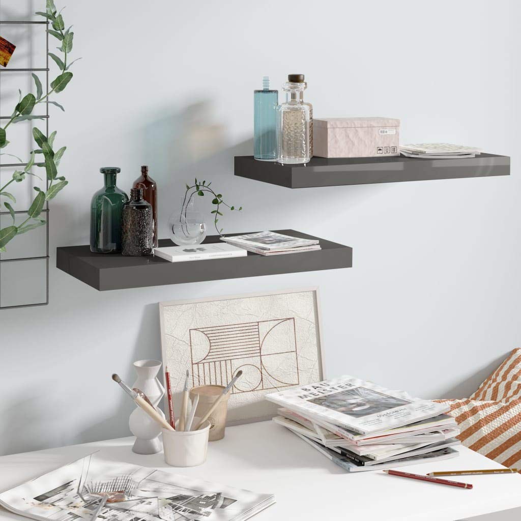 CHARMMA Floating Wall Shelves Set of 2 - Modern High Gloss Gray MDF Shelves 19.7