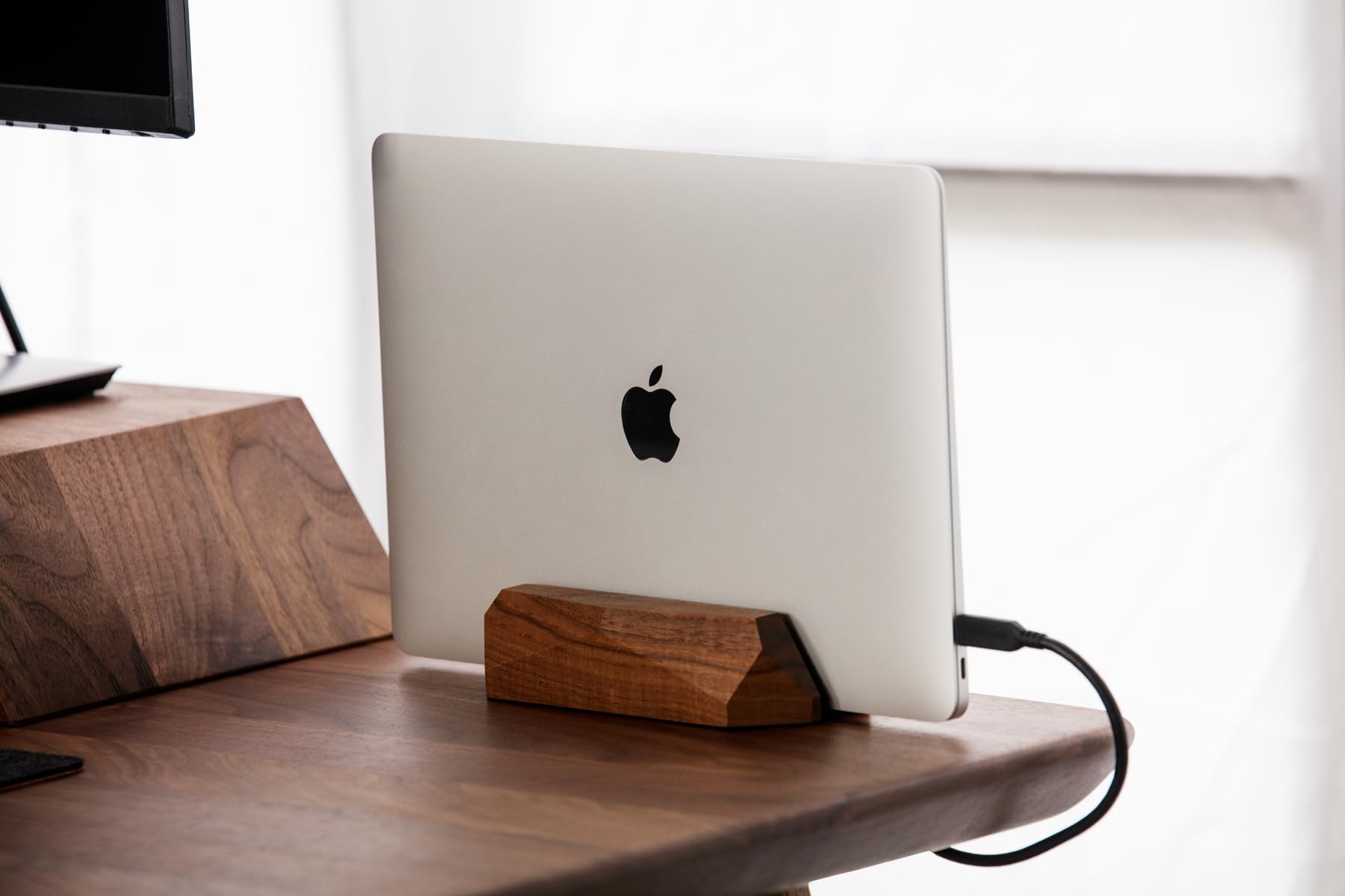 Premium Oakywood Vertical Laptop Stand - Adjustable Walnut & Oak Wooden Dock for MacBook Pro/Air, iPad - Handmade Computer Stand for Home & Office Workspace Organization