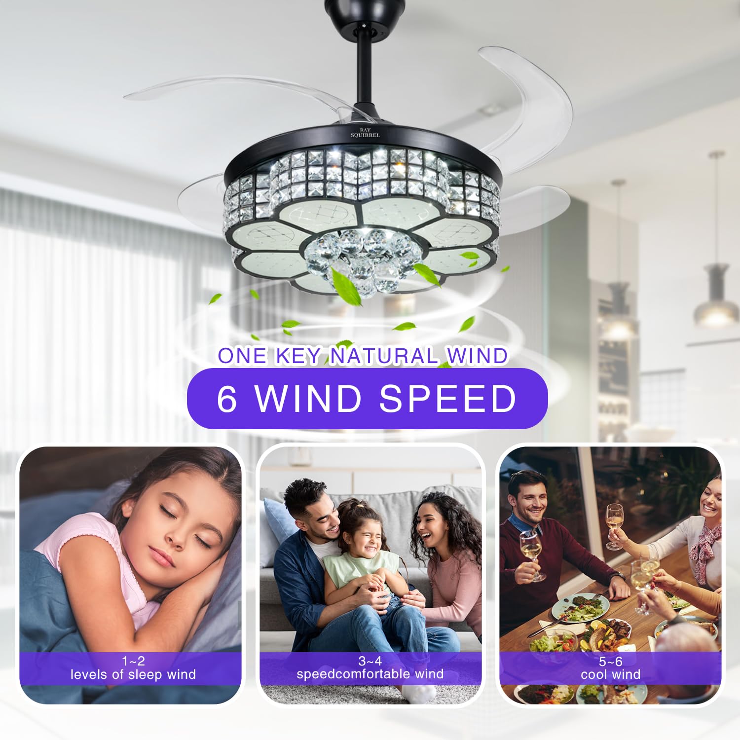 BAYSQUIRREL Retractable Crystal Ceiling Fan with Light - Bluetooth Smart Ceiling Fan with Speaker, Remote & App Control, 6 Speed Reversible Blades, RGB LED Dimmable Chandelier - Perfect for Living Room, Bedroom, and Dining Room