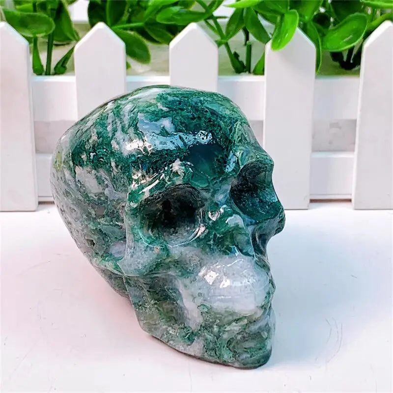 9CM Natural Moss Agate Skull Crystal Carving - Healing Energy Stone for Meditation, Halloween Gifts & Home Decor (1PC) | Perfect for Spiritual Healing, Yoga Spaces & Gothic Decorations