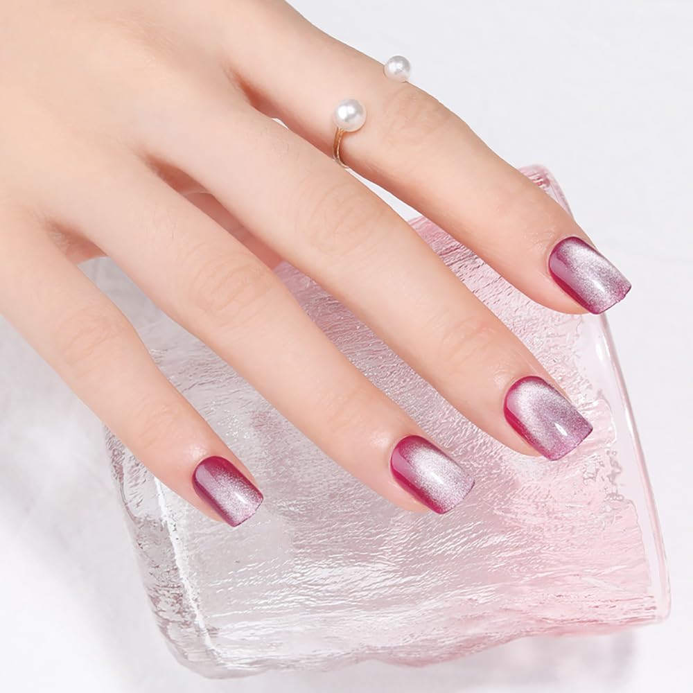Short Square Press on Nails - Purple Cat Eye Fake Nails | Reusable Glossy Acrylic Stick on Nails Kit for Women | Perfect for Parties, Weddings & Everyday Glam