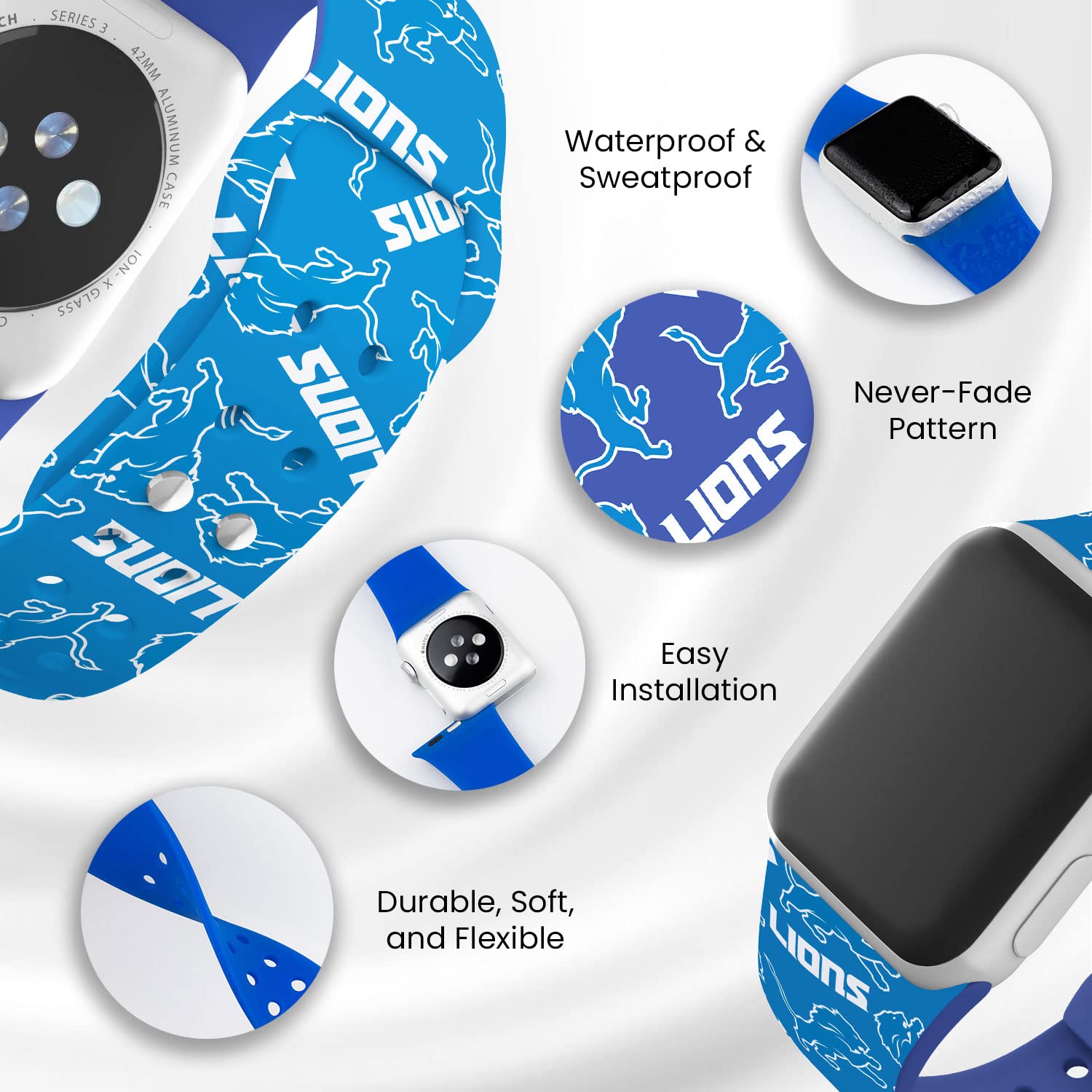 Detroit Lions HD Game Time Watch Band Compatible with Apple Watch Series 1-9 - Perfect for NFL Fans, Game Day & Casual Wear