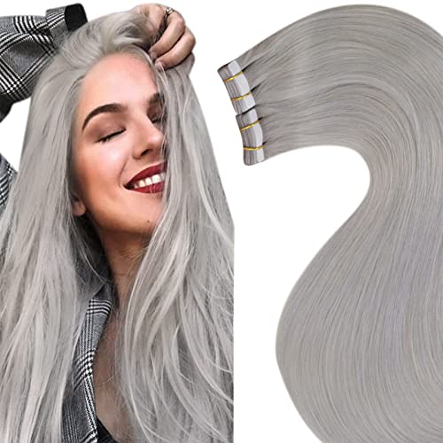 LAAVOO 22inch Gray Silver Tape in Hair Extensions - 20pcs 50g Human Hair Weft, Invisible Skin Weft for Natural Look | Perfect for Parties, Weddings & Daily Styling