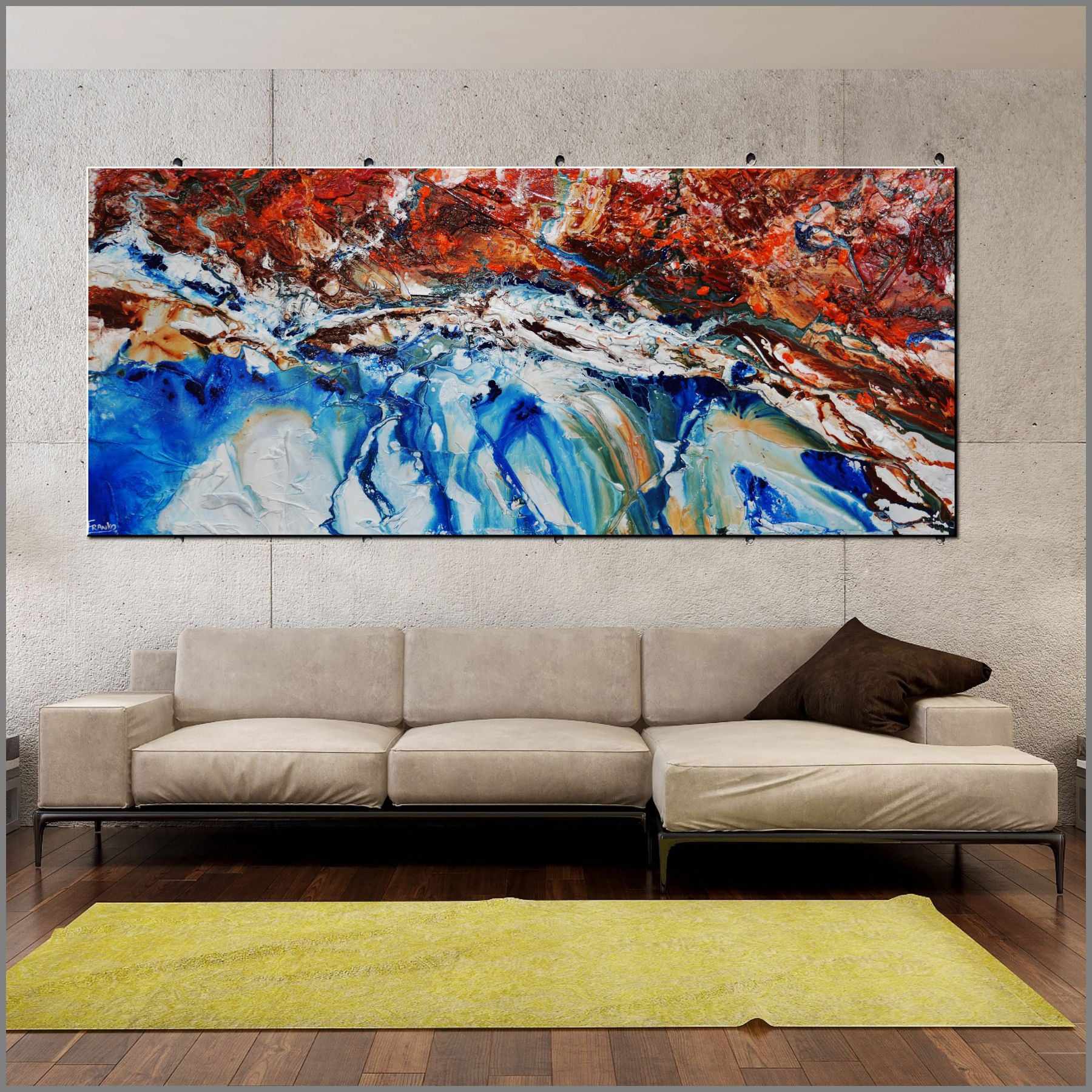 Blue Silk 240cm x 100cm Brown Blue White Textured Abstract Wall Art Painting - Modern Home Decor for Living Room, Bedroom & Office