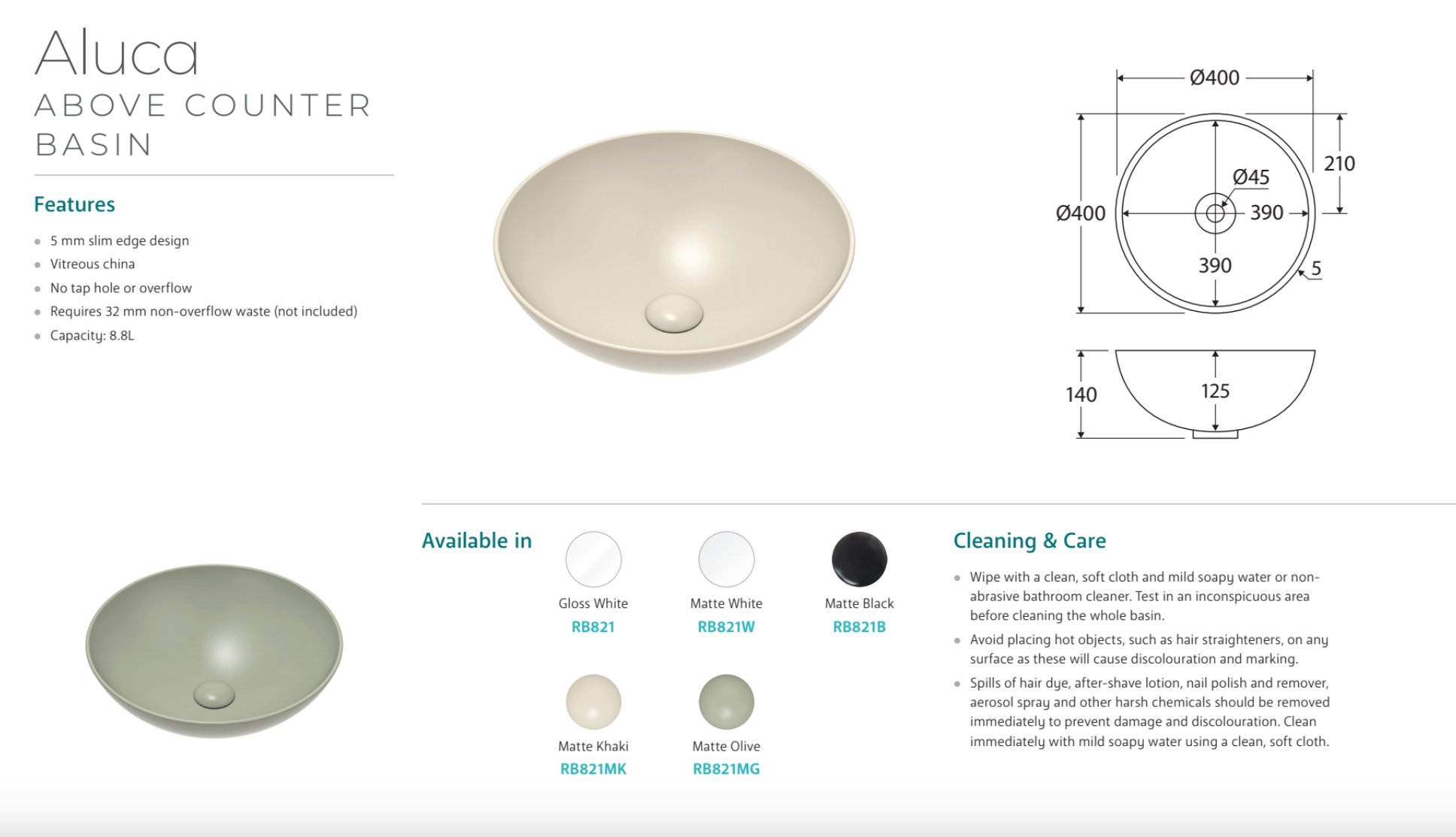 Fienza RB821MB Aluca Matte Black Above Counter Bathroom Sink - Modern Vanity Basin for Bathroom & Powder Room Renovations