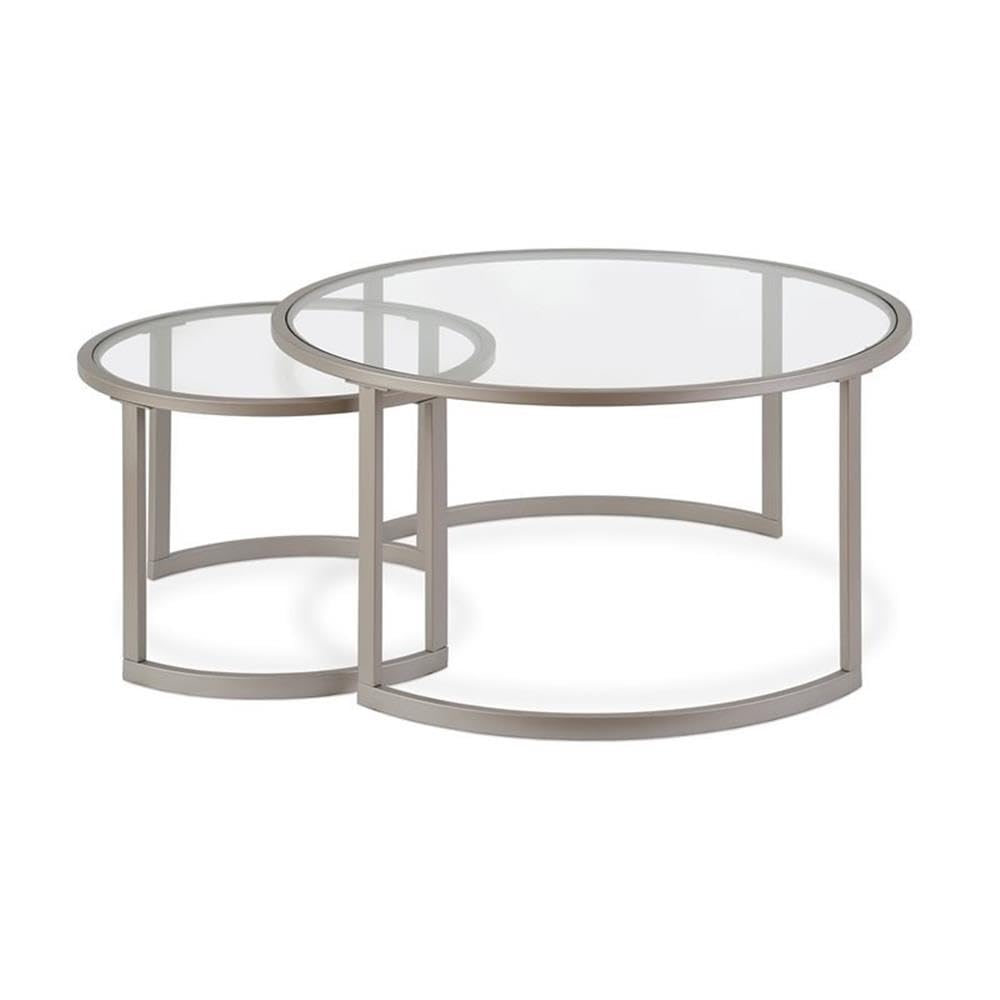 Modern Metal Two-Tier Glass Top Coffee Table in Nickel & Gray - Perfect for Living Room, Office, or Lounge Decor