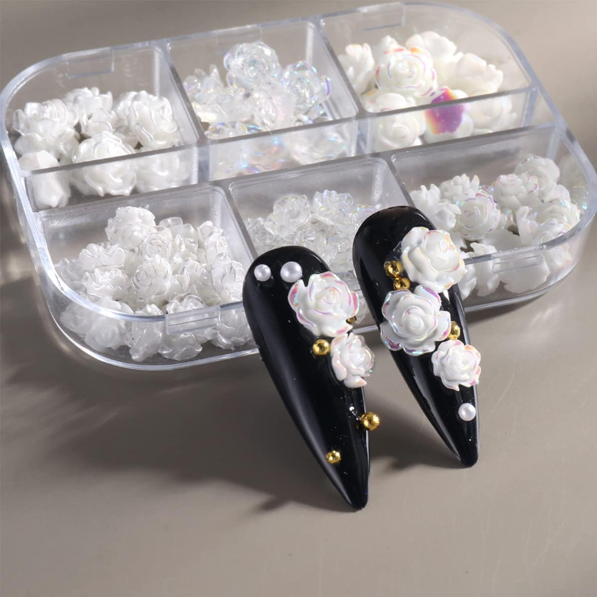 Gleevia 60Pcs 3D White Acrylic Rose & Aurora Camellia Nail Charms - DIY Nail Art Jewelry, Rhinestone Decorations for Manicure, Bridal, Party & Salon Nail Designs