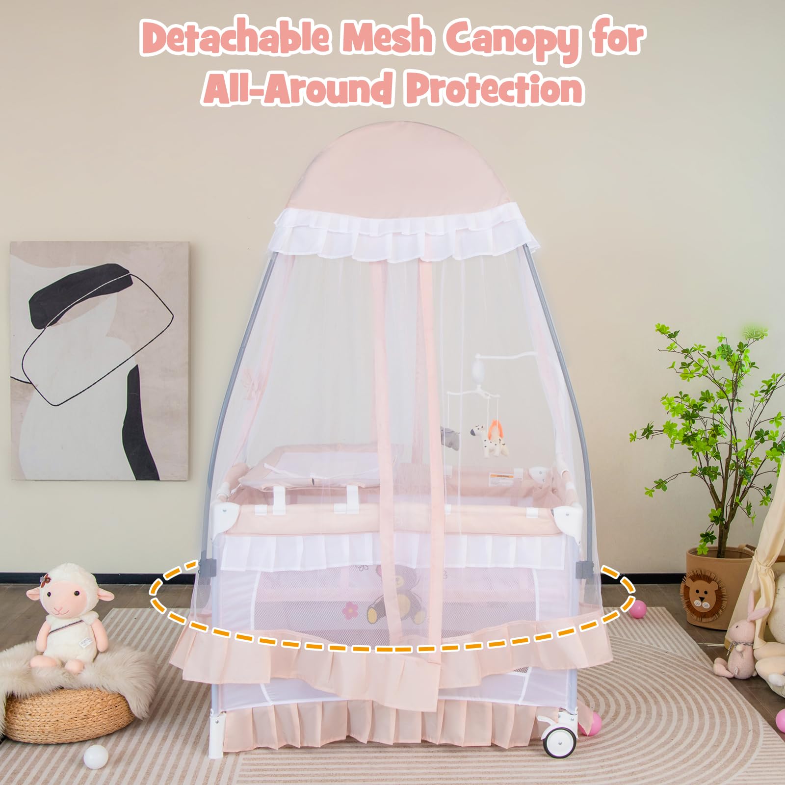BABY JOY 4-in-1 Portable Playard with Canopy & Bassinet - Foldable Baby Crib with Wheels & Brake for Newborn to Toddler - Perfect for Travel, Nursery & Playtime (Pink)