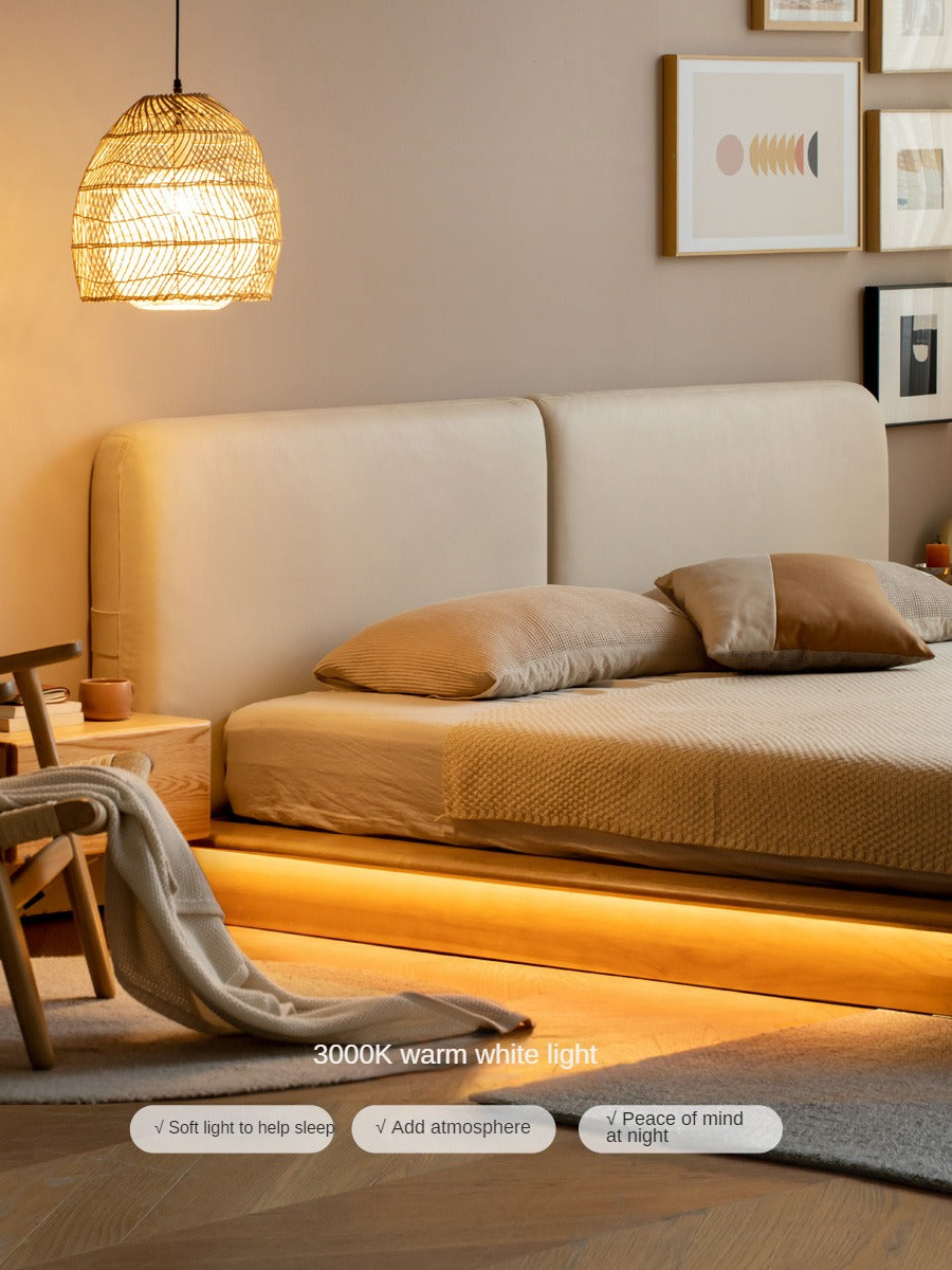 Solid Oak Wood Floating Platform Bed with Soft Fabric Headboard - Modern Technology Bed Frame for Bedroom, Living Room, or Guest Room