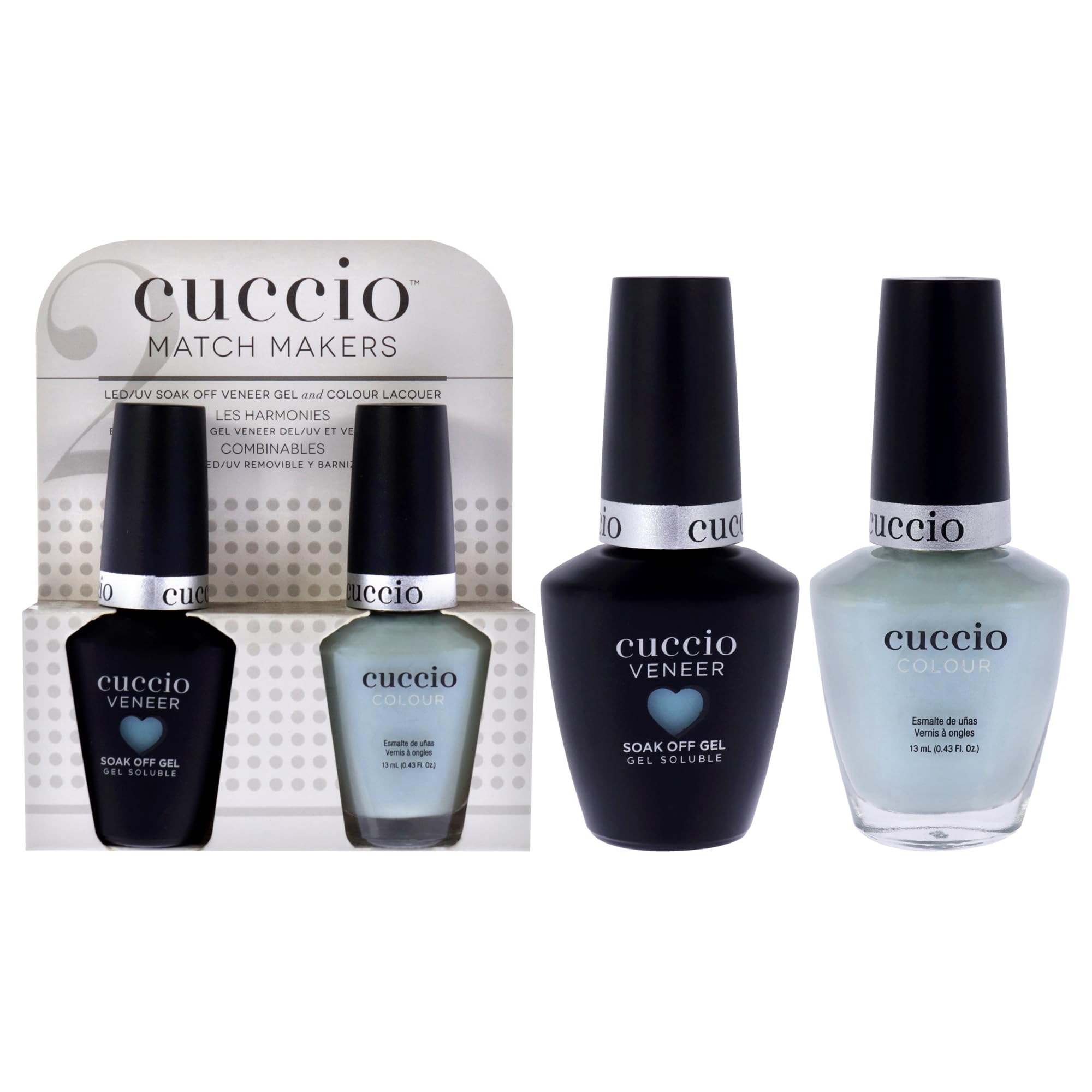 Cuccio Meet Me in Mykonos Gel & Color Nail Polish Set for Women - 2 Piece 0.44oz Veneer Soak & 0.43oz Nail Polish Kit - Perfect for Salon Quality Manicures at Home, Vacation Nails, and Gift Giving