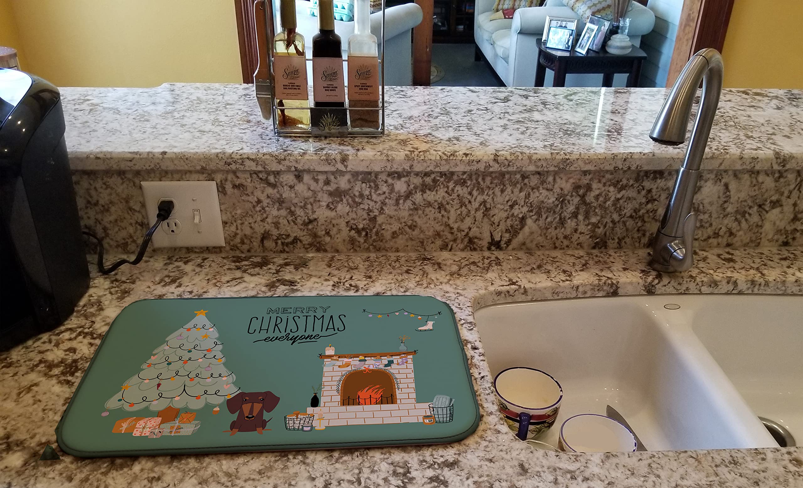 Chocolate Dachshund Christmas Dish Drying Mat - Absorbent Kitchen Counter Pad, 14x21