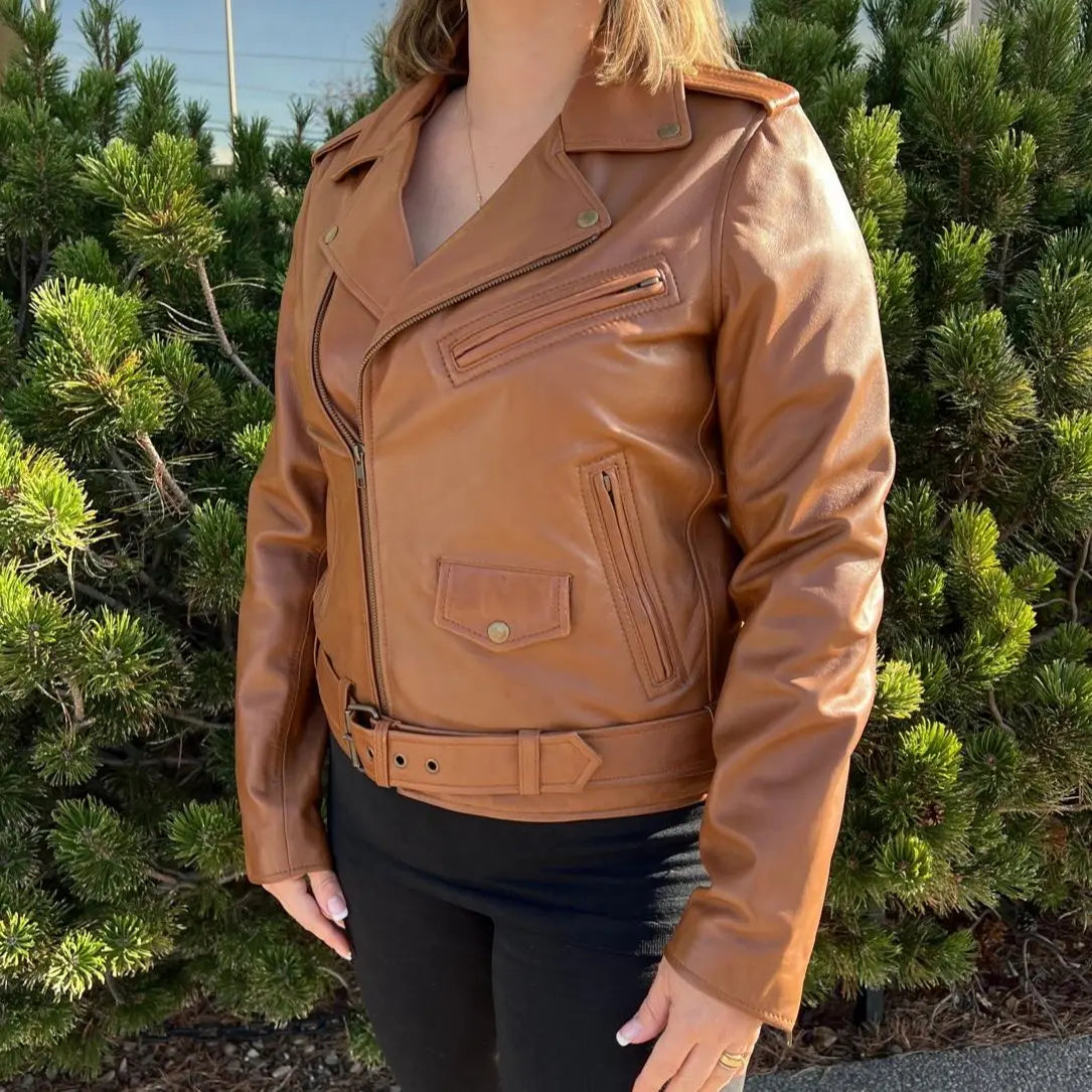 Women's Genuine Lamb Leather Biker Jacket with Adjustable Belt - Stylish Motorcycle Outerwear for Riding & Fashion