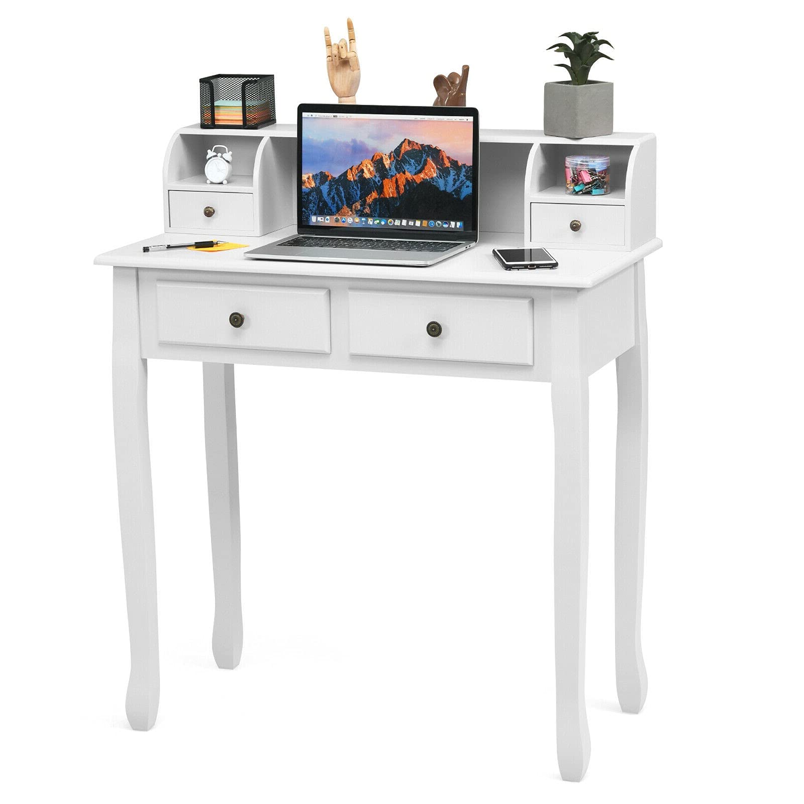 White Computer Desk with 4 Drawers & Storage Cabinet - Modern Laptop Study Desk for Home Office, Writing Table, Makeup Vanity & Dressing Table | Freestanding Versatile Furniture with Detachable Top & Ample Storage Space | Perfect for Small Spaces, Dorm Rooms & Home Offices