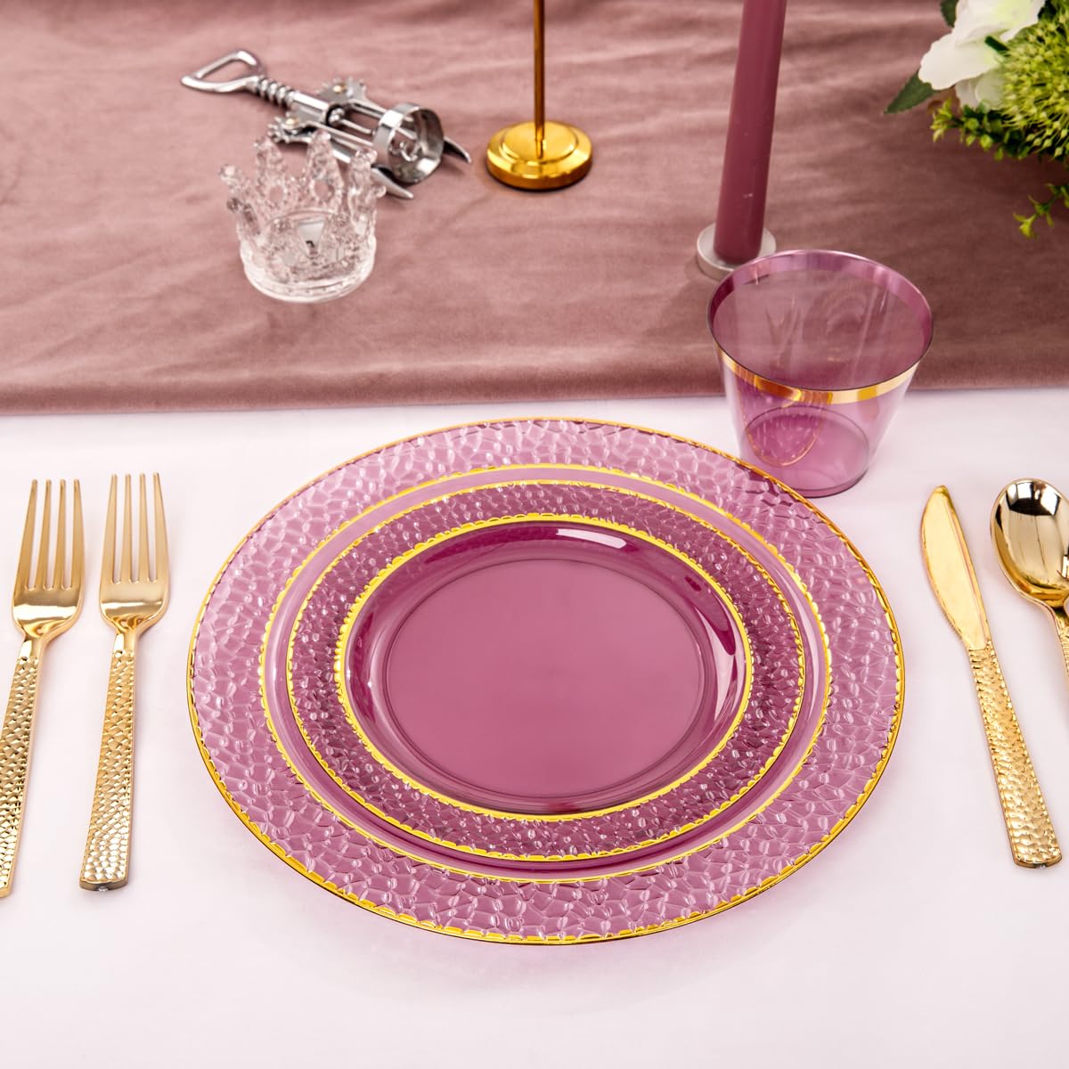 150-Piece Clear Purple & Gold Plastic Party Tableware Set - 25 Dinner Plates, 25 Dessert Plates, 25 Cups, 25 Forks, 25 Knives, 25 Spoons - Elegant Wedding, Birthday & Special Event Disposable Tableware for Easy Cleanup