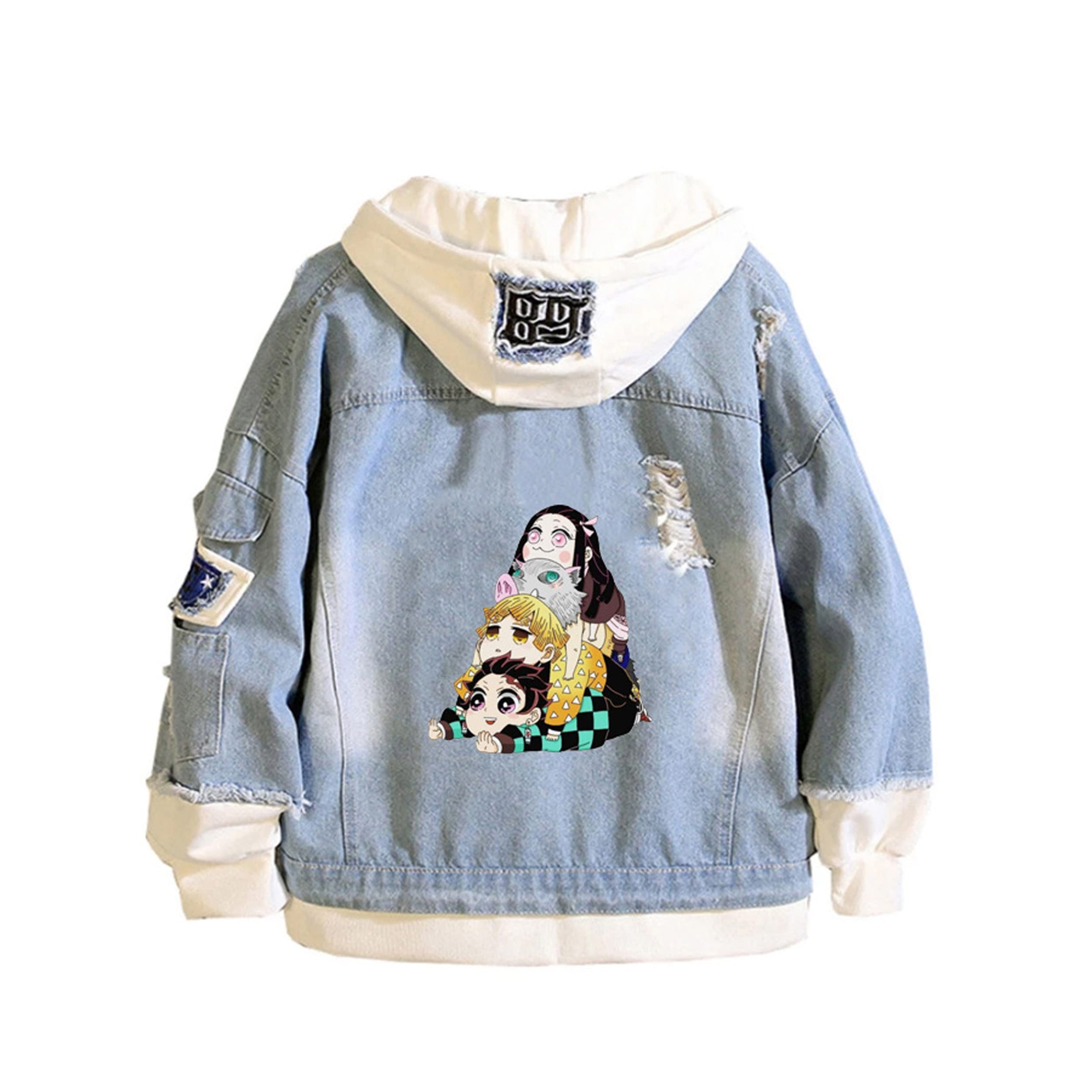 Stylish Roffatide Anime Denim Jacket for Women - Distressed Ripped Jeans Coat with Hoodie & Hole Details | Perfect for Cosplay, Anime Conventions & Streetwear Fashion