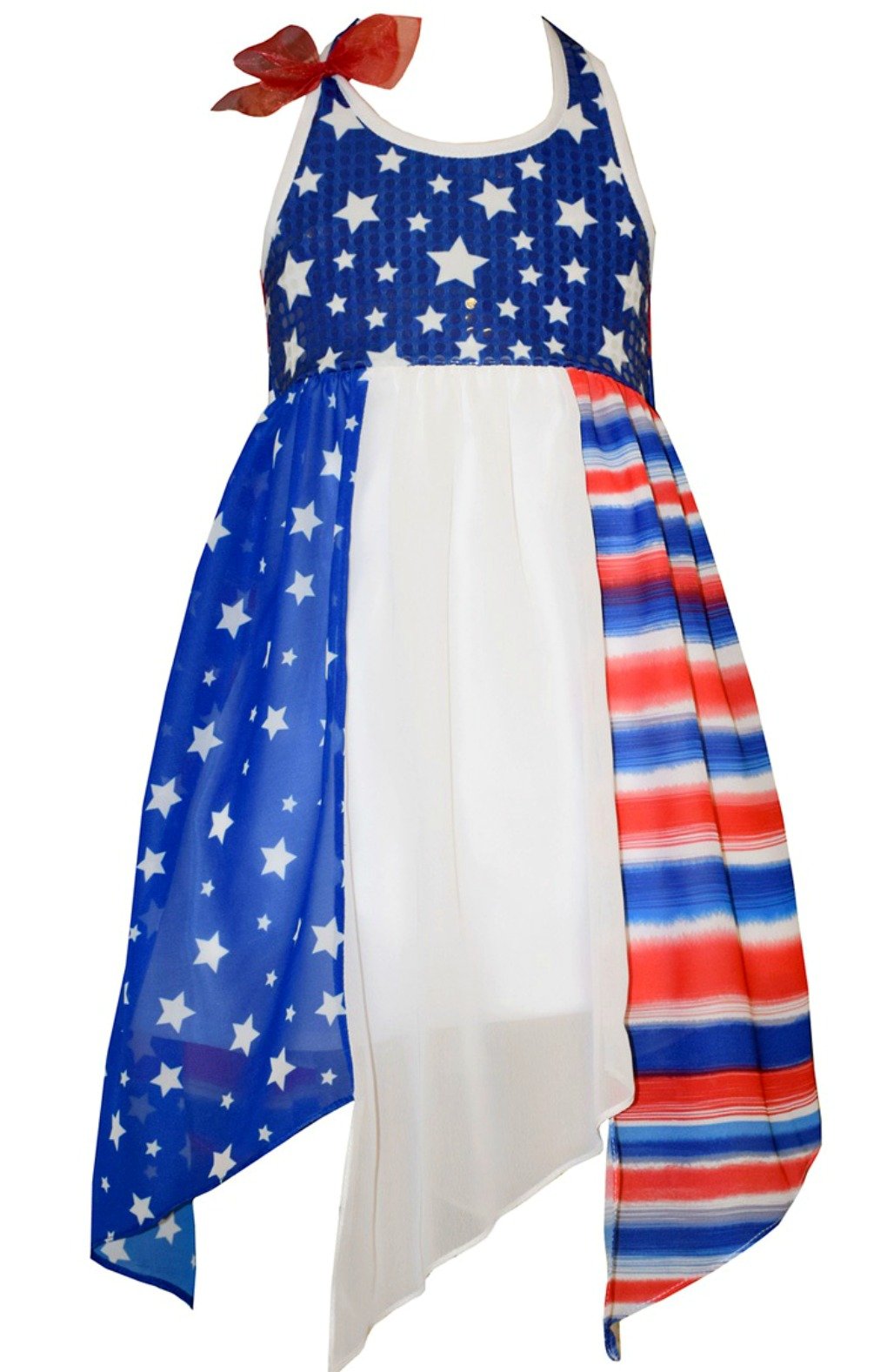 Bonnie Jean Big Girls Patriotic Hanky Hem Dress - Red White & Blue Floral Summer Dress for Kids - Perfect for 4th of July, Memorial Day & Patriotic Celebrations
