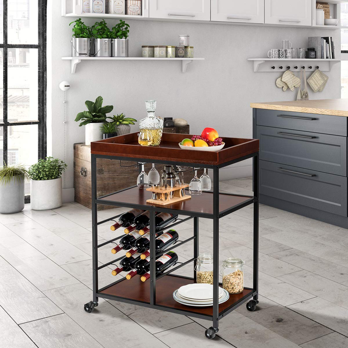 Giantex 3-Tier Rolling Kitchen Island Cart with Wine Rack & Glasses Holder - Industrial Style Serving Cart, Utility Cart with Metal Frame & Casters, Rustic Brown - Perfect for Small Kitchens, Dining Rooms & Home Bars