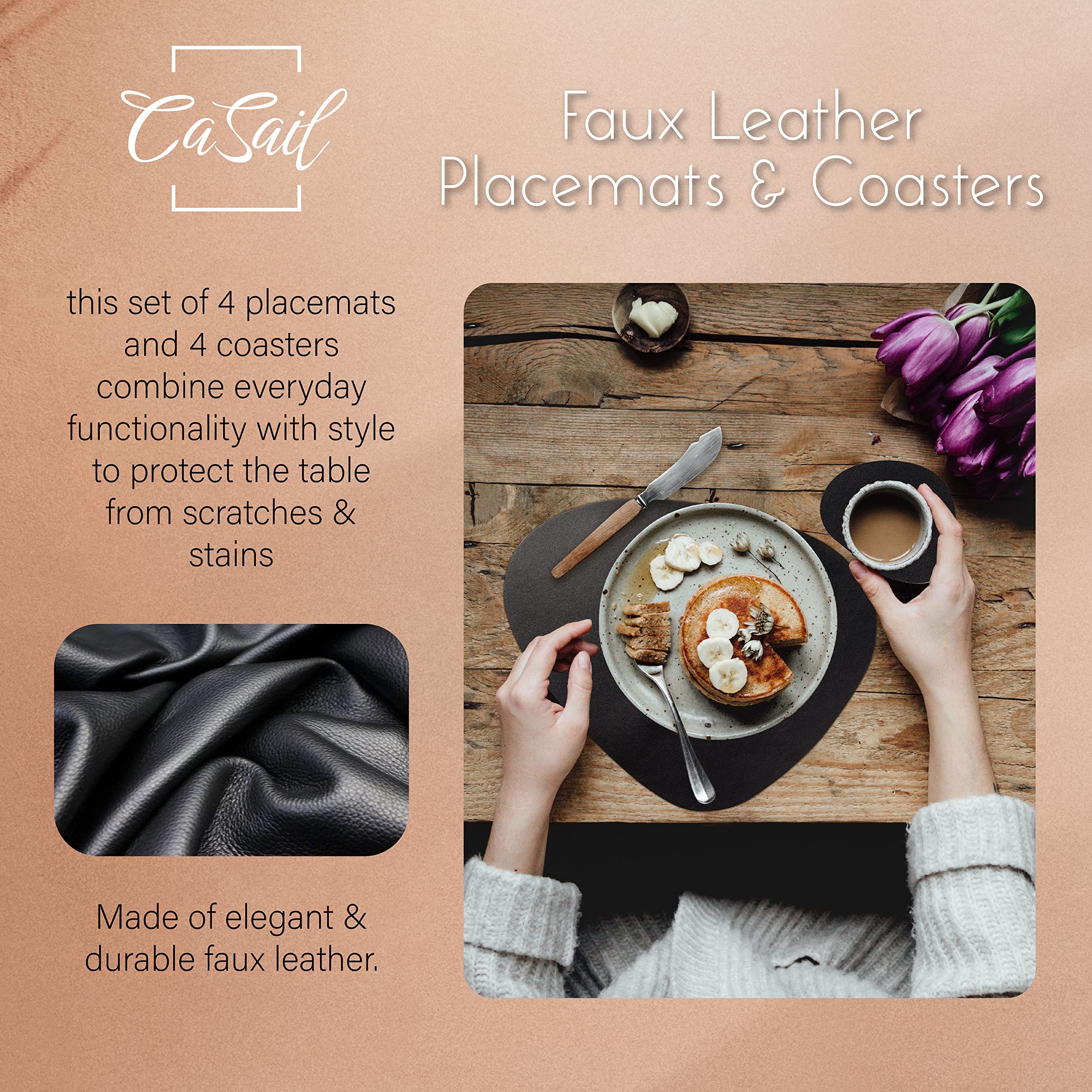 Premium Faux Leather Placemats and Coasters Set - 4 Round Modern Black Table Mats for Dining, Heat Resistant & Waterproof - Non-Slip for Indoor Outdoor Use - Easy Wipe Clean Care - Perfect for Dinner Parties, BBQs, and Daily Dining Protection