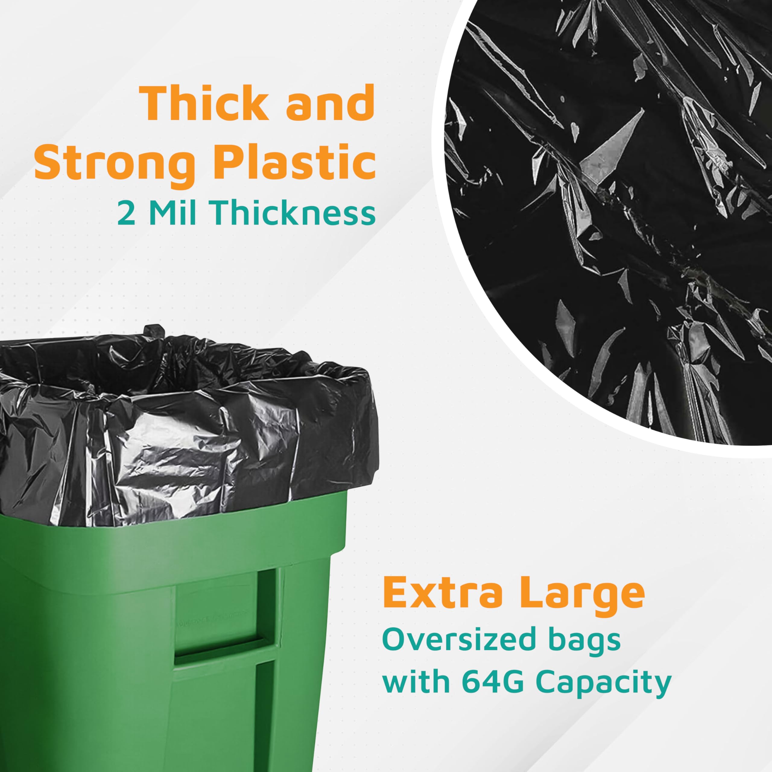 PlasticMill Heavy Duty Trash Bags - 64 Gallon Large Kitchen Garbage Bags, 2 Mil Thick, 50