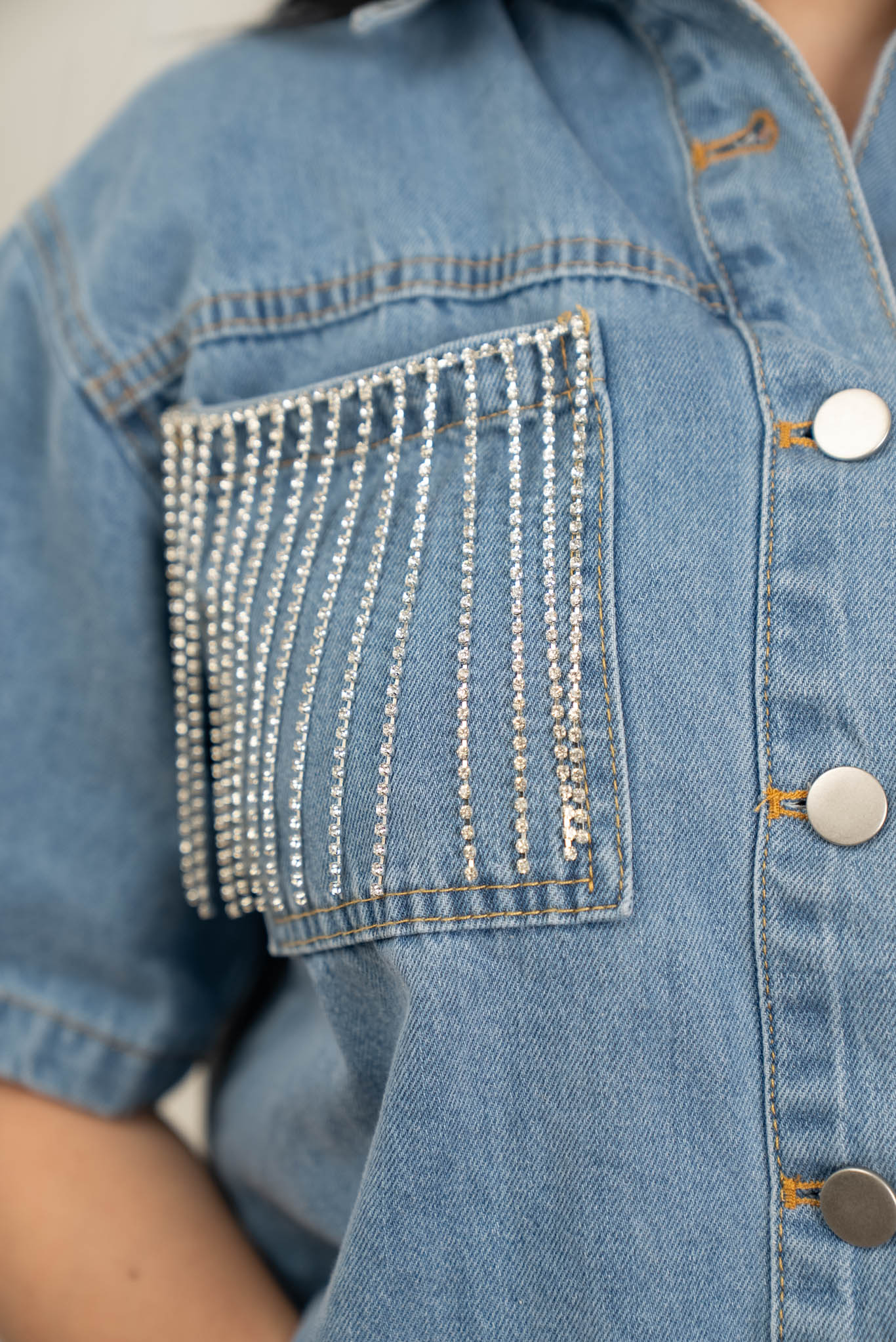 Stylish Rhinestone Fringe Pocket Denim Top for Women | Trendy Embellished Western Shirt | Perfect for Concerts, Parties & Boho Fashion Outfits