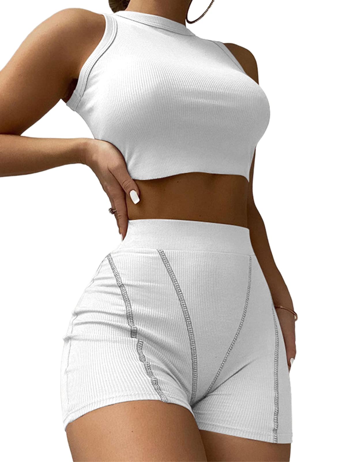Women's Ribbed 2-Piece Outfit - Crop Tank Top & High Waist Bodycon Shorts Set for Yoga, Workout, Running | Activewear & Sportswear for Gym, Lounge & Casual Wear