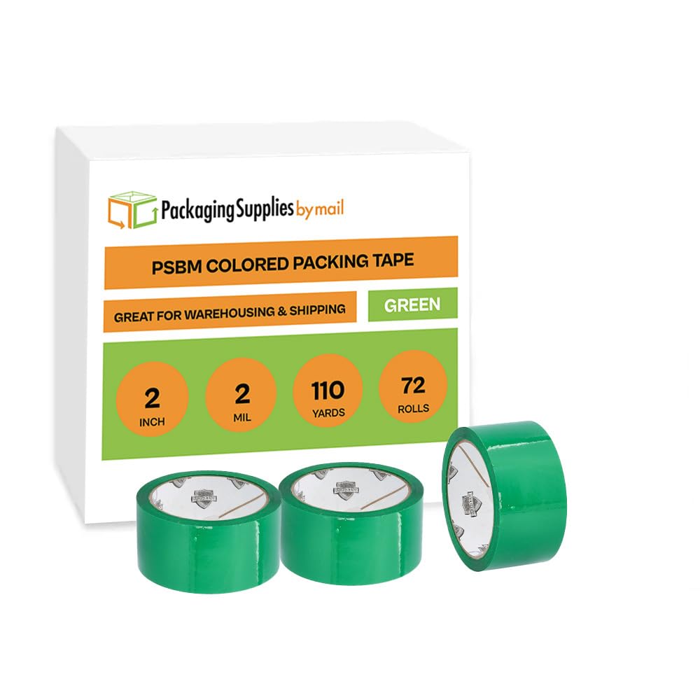 PSBM Green Packing Tape, 2 Inch x 110 Yards, 72 Rolls - Heavy Duty Colored Packaging Tape for Dispenser Refill, Moving Boxes, Storage Organization & Shipping Supplies | Perfect for Warehouse, Office & Home Use