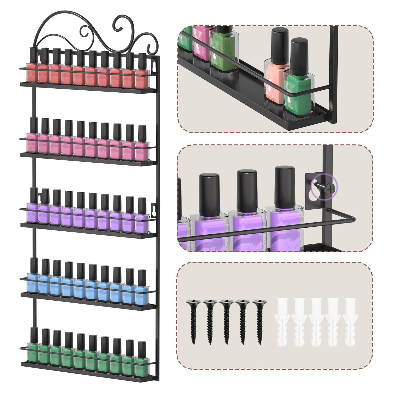 ERYTLLY Wall Mounted Nail Polish Organizer Rack - Rectangle Nail Polish Storage Holder Stand for Salon & Home Use, Space-Saving Nail Art Display Shelf (Black) - Perfect for Salon Organization, Home Decor & DIY Manicure Stations