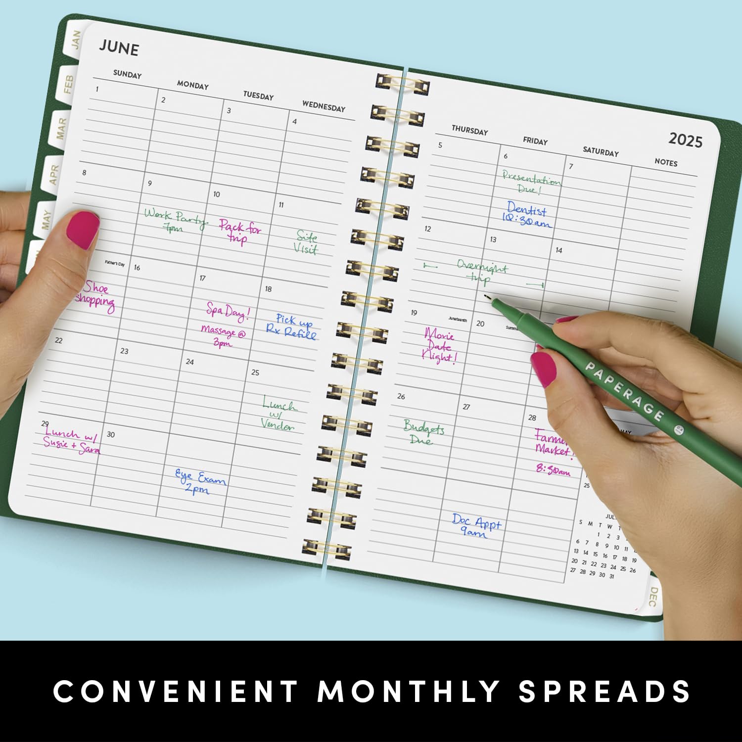 PAPERAGE 2025 Weekly Monthly Spiral Planner - Dark Green 12-Month Academic Planner (Jan-Dec 2025) 5.5