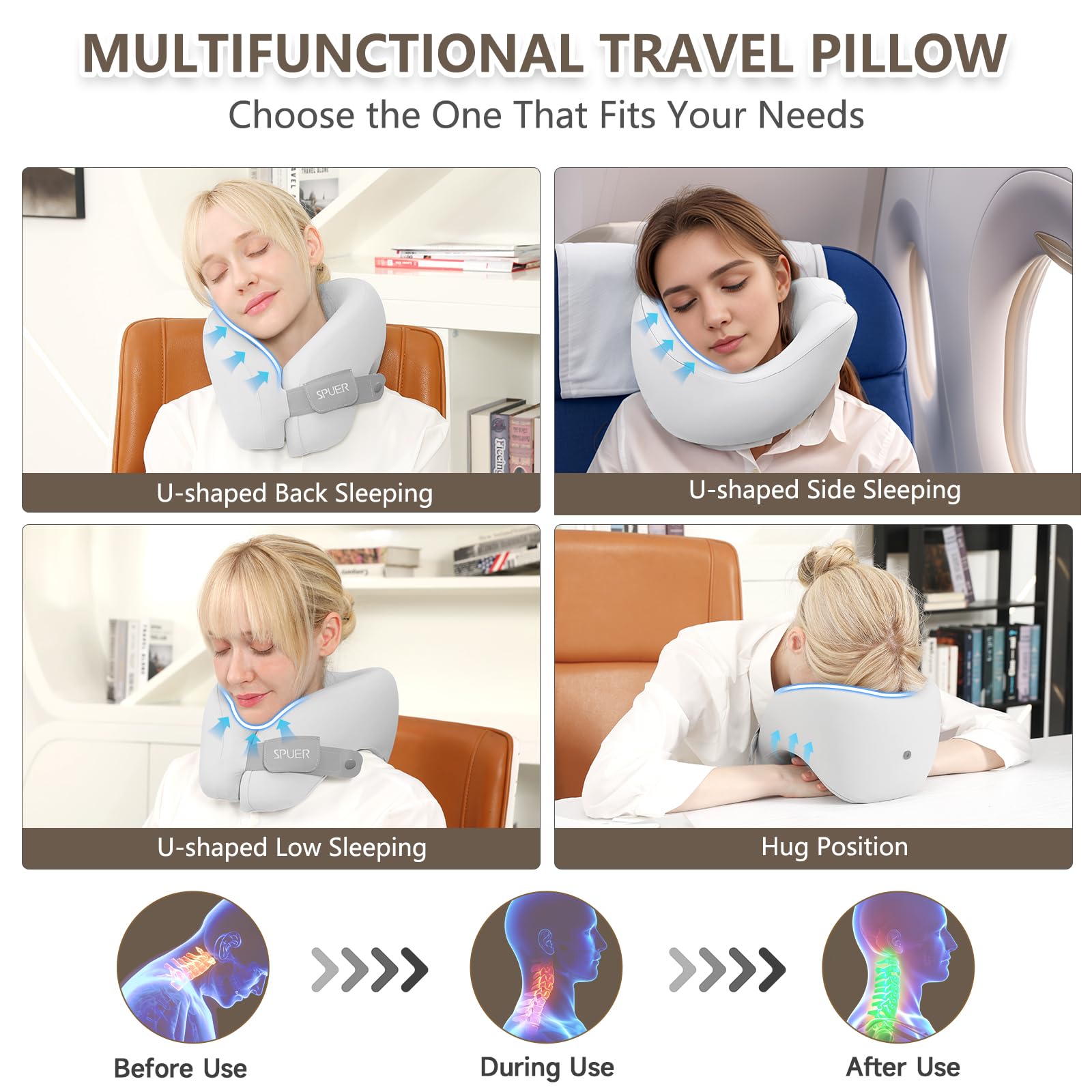 2in1 Ergonomic Memory Foam Travel Neck Pillow - 2025 Upgraded Support for Airplane, Car & Train Travel | Adjustable Velcro Strap & Drawstring Bag (Gray) | Perfect for Sleeping Upright on Flights, Road Trips & Commuting