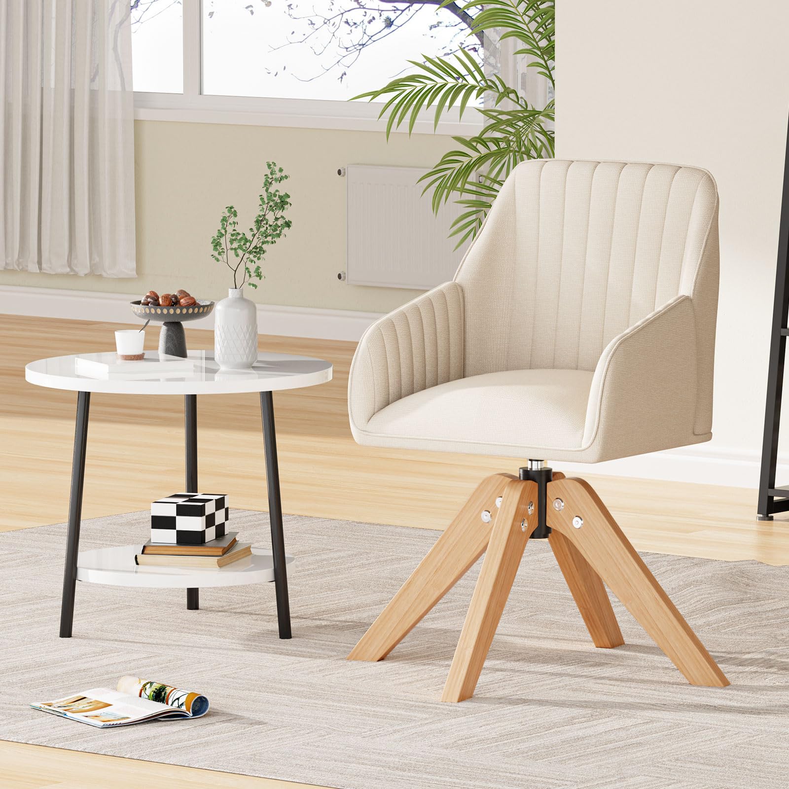 Mid Century Modern Swivel Accent Chair - Upholstered Wooden Armchair with Mid Back Support, Faux Linen Beige - Perfect for Living Room, Home Office, Bedroom & Vanity Desk - No Wheels Comfortable Seating for Relaxing & Working