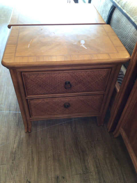 Vintage American Drew Wicker Style Two-Drawer Nightstand - Rattan Bedside Table with Storage for Bedroom, Guest Room or Nursery