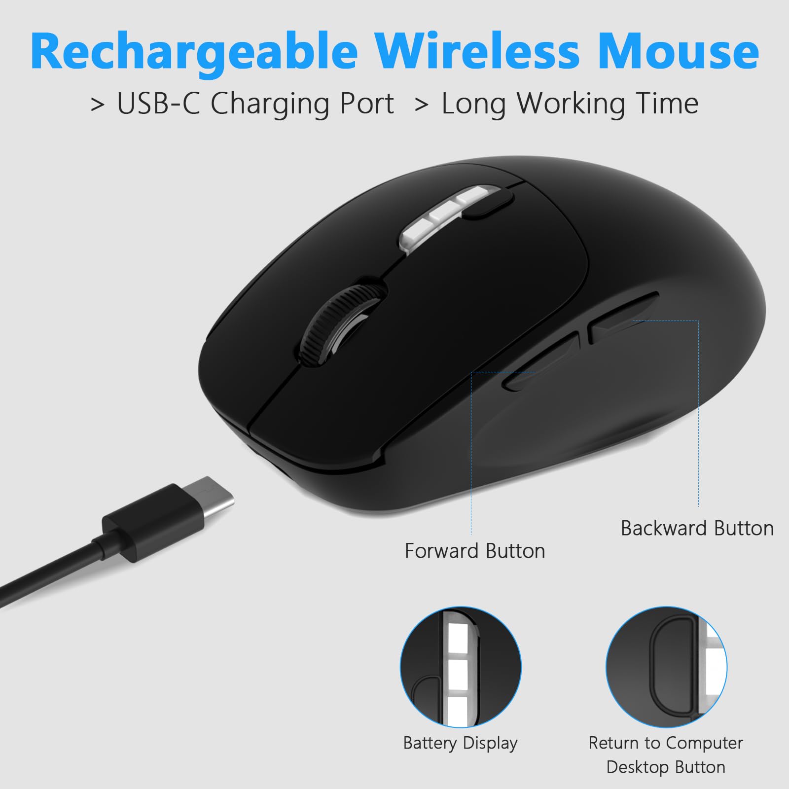 ZXA 2.4G Wireless Mouse for Laptop - Ergonomic Rechargeable Computer Mouse with USB Receiver & USB-C Adapter for PC, Tablet, Chromebook (Black) - Perfect for Office Work, Home Use & Travel