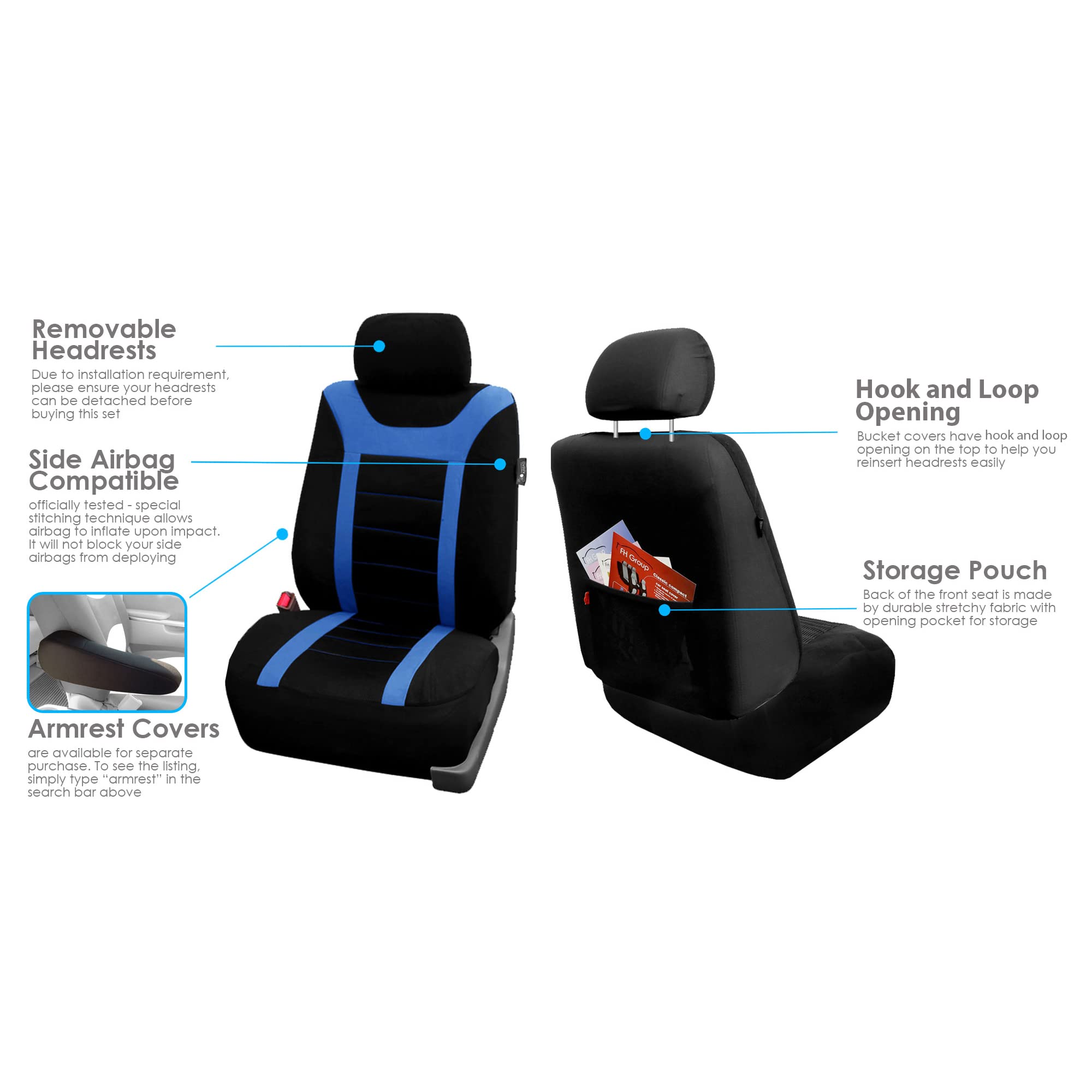 FH Group Universal Fit Car Seat Covers Full Set - Sports Style Airbag Compatible Split Rear Design for Trucks, SUVs & Vans | Interior Protection & Comfort | Perfect for Road Trips, Daily Commutes & Family Travel (Blue)
