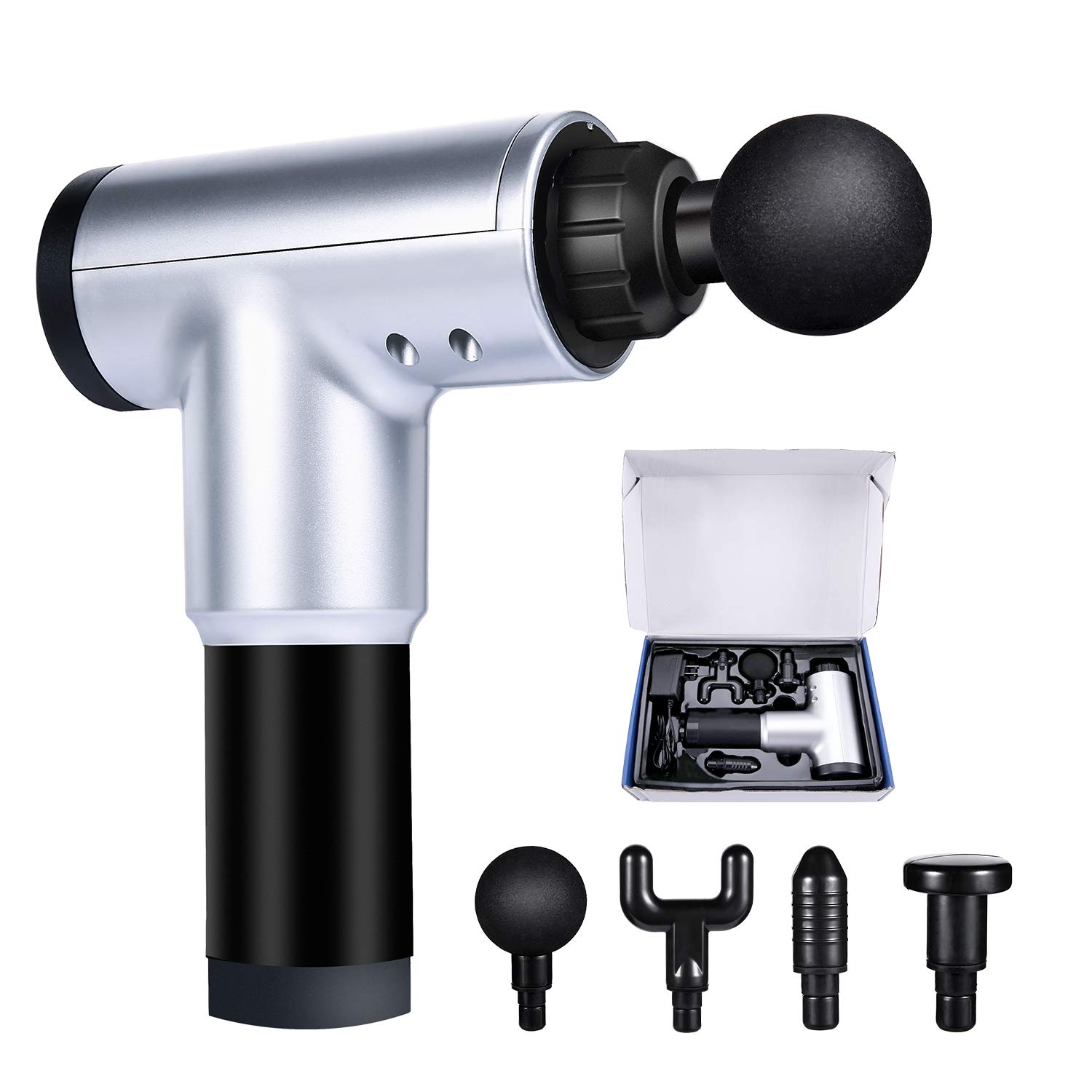 Deep Tissue Massage Gun with 6 Speed Levels & 4 Interchangeable Heads - Cordless Percussion Muscle Massager for Pain Relief & Recovery - Perfect for Athletes, Gym Lovers & Home Use (Silver)