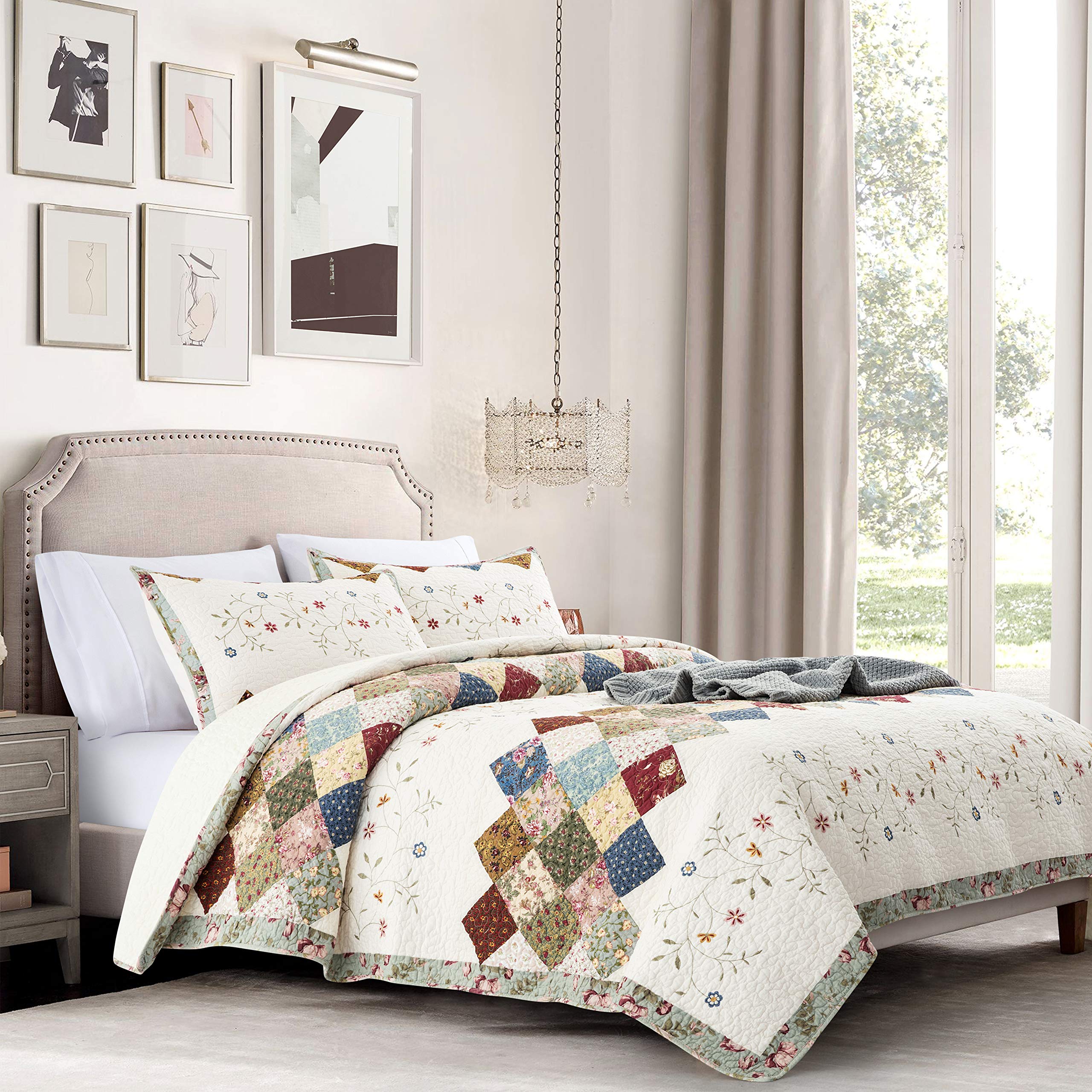 ANNA Z HOME & DESIGN Scarlett 3-Piece Queen Size Quilt Set - 100% Cotton Fabric & Filling, Handmade Patchwork, Pre-Washed, Diamond Quilting - Transitional Style Bedding for Master Bedroom, Guest Room & Cozy Home Decor (Multicolor)