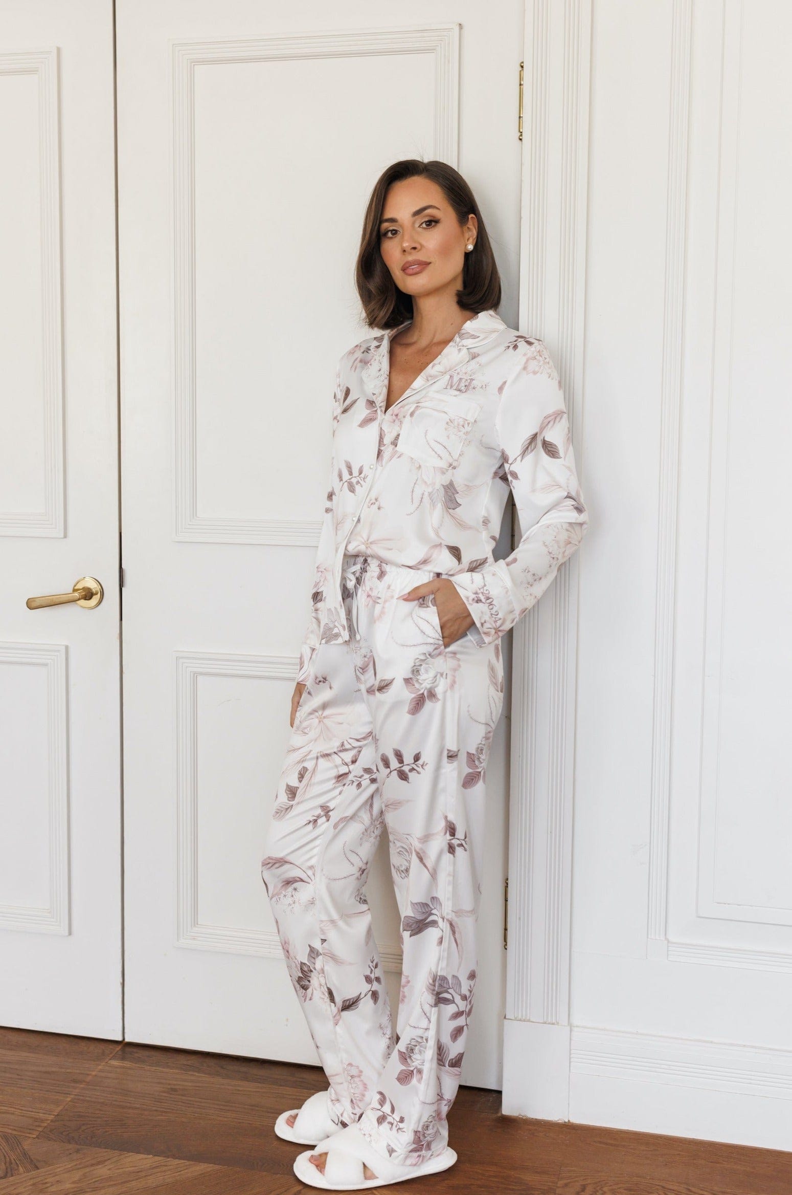 Elegant Long Sleeve Satin Floral Bridesmaid Pajama Set - Women's Luxury Sleepwear for Wedding Party, Bachelorette & Bridal Shower Gifts