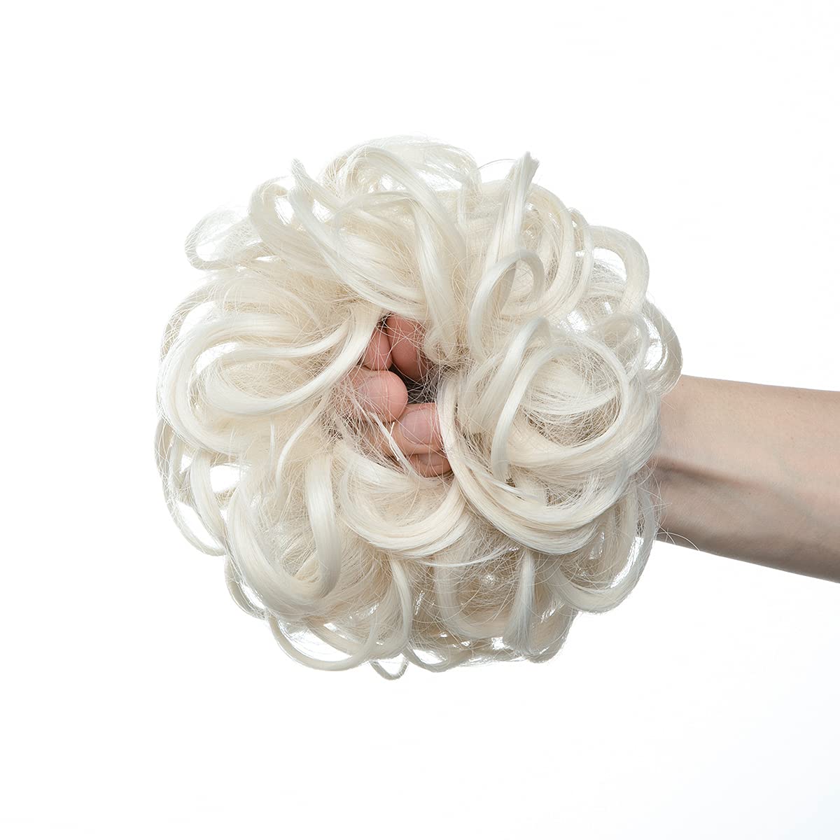 Sheetal Traders Messy Bun Hair Piece - Wavy Curly Synthetic Hair Scrunchie Extension for Women | Thick Chignon Ponytail Updo Hair Accessory | Platinum Blonde (1 Piece) - Perfect for Parties, Weddings & Everyday Styling