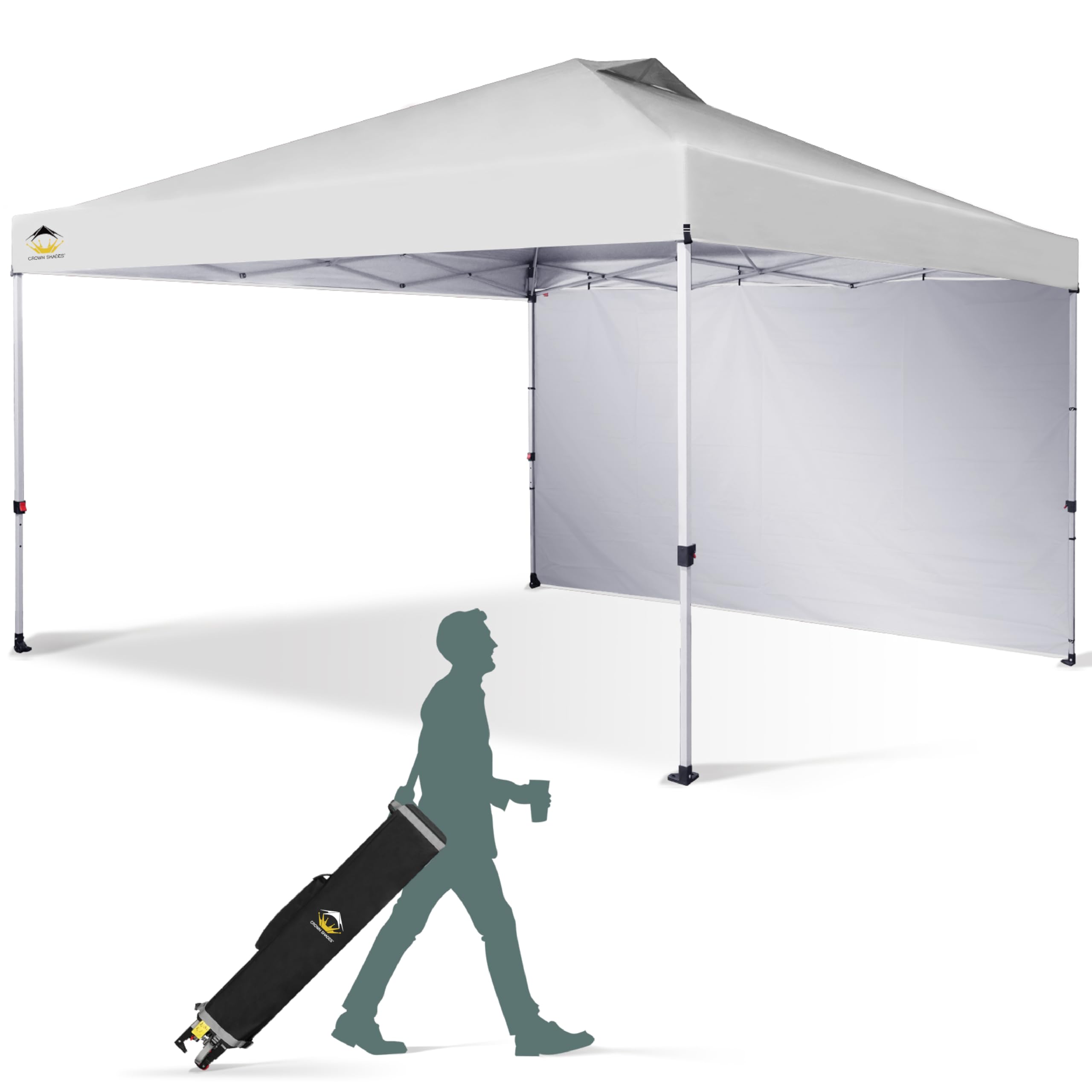 CROWN SHADES 12x12 Pop Up Canopy Tent - Instant Commercial Canopy with 150D Silver Coated Fabric - Includes Removable Sidewall, 4 Ropes, 8 Stakes & Weight Bags - Portable STO 'N Go Bag - Perfect for Outdoor Events, Farmers Markets, Beach Parties & Camping - White