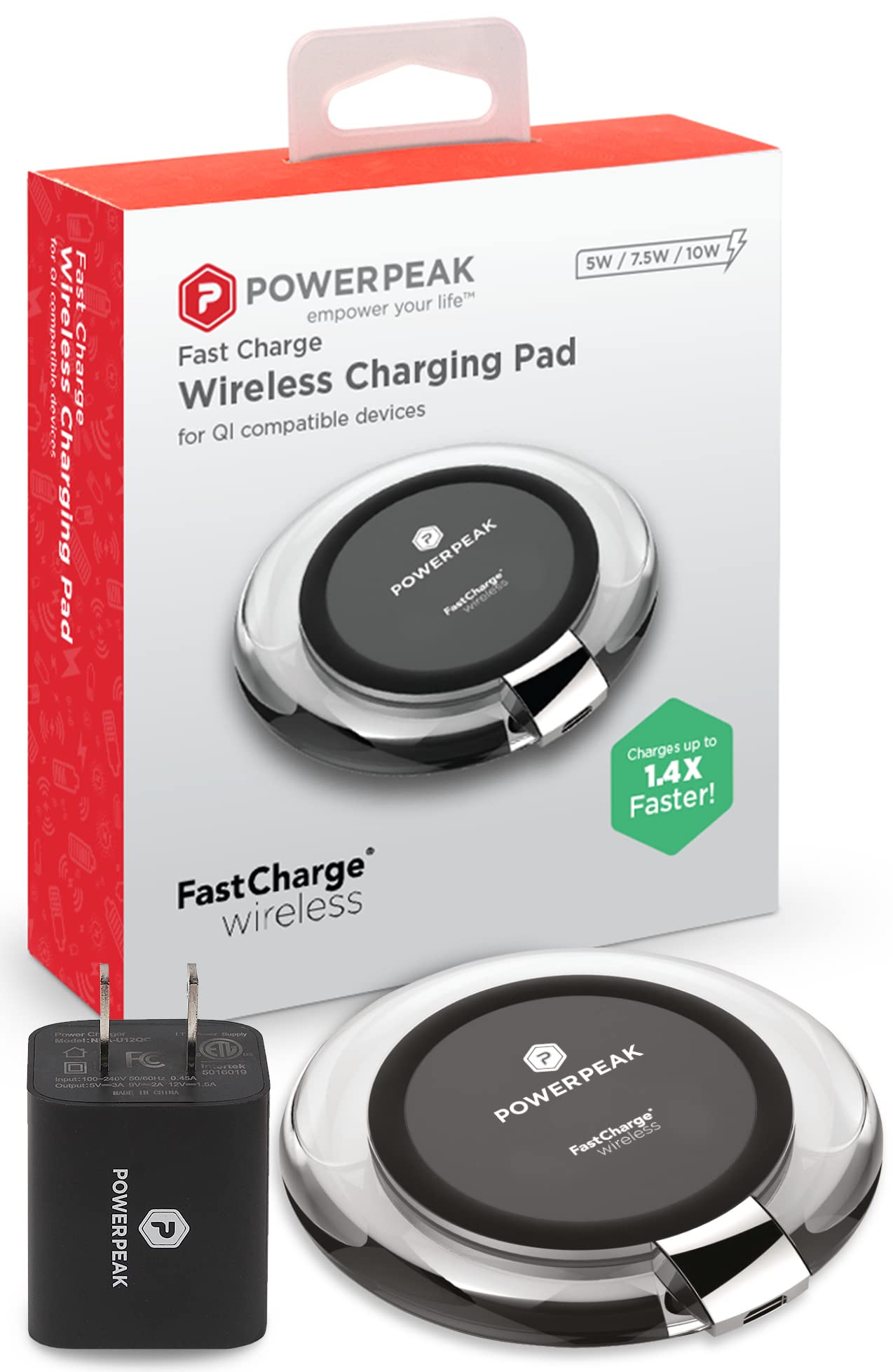 POWERPEAK 15W Fast Wireless Charger Pad with AC Adapter - Qi-Certified for iPhone 14/13/12/11/X/8, Samsung Galaxy S22/S21/S20, AirPods - Perfect for Home, Office & Nightstand Charging (Black)