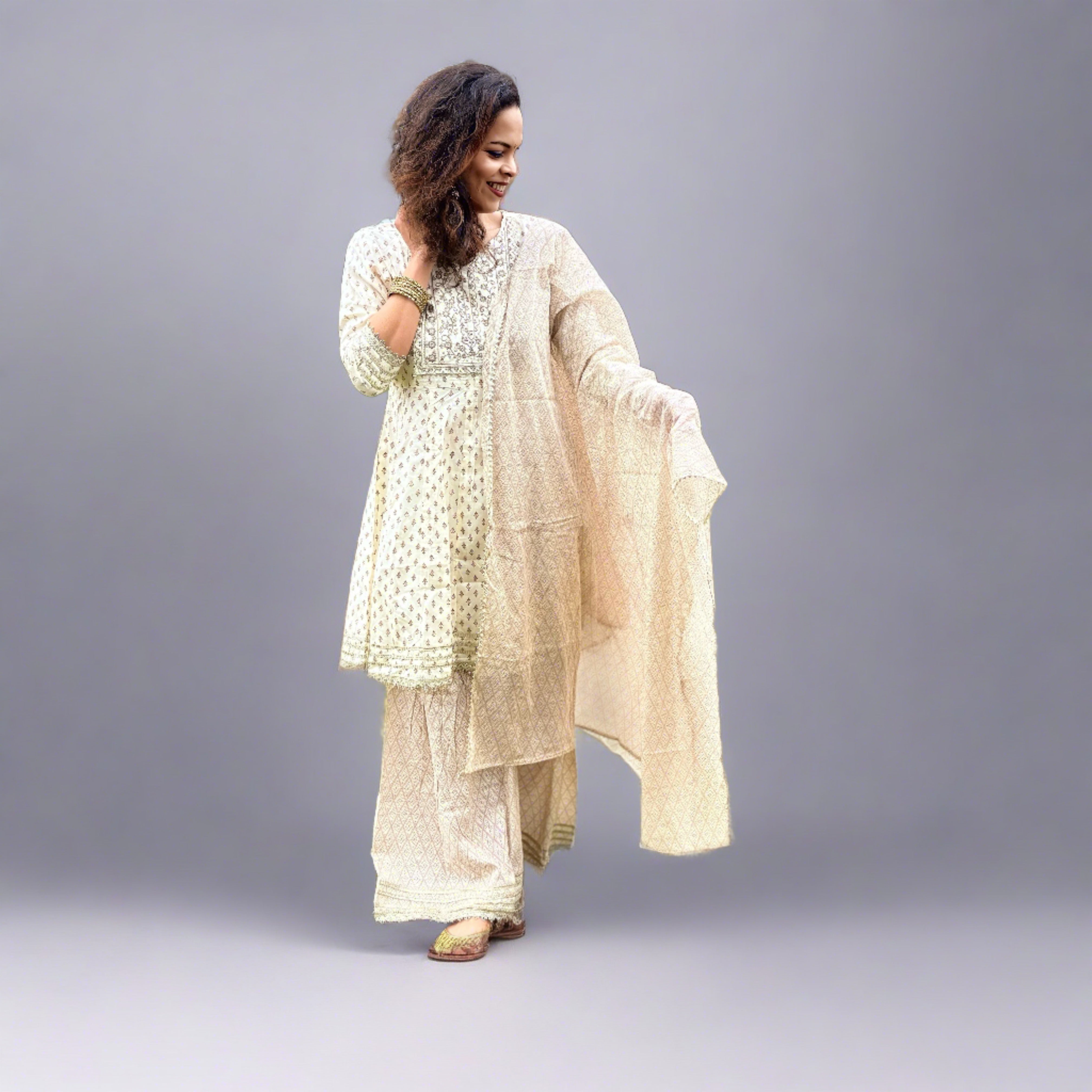 Elegant Beige Sharara Set with Gold Embellishments - Perfect for Weddings, Parties & Festive Occasions