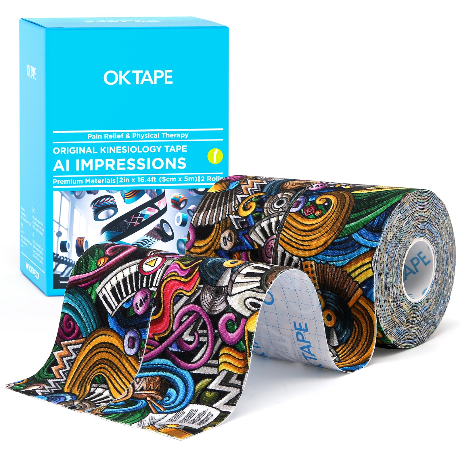 OK TAPE Hypoallergenic Digital Printed Kinesiology Tape - 2 Rolls Elastic Sports Athletic Tape (2in×16.4ft Uncut) for Muscle Support, Pain Relief & Injury Recovery - Perfect for Athletes, Gym Workouts & Physical Therapy