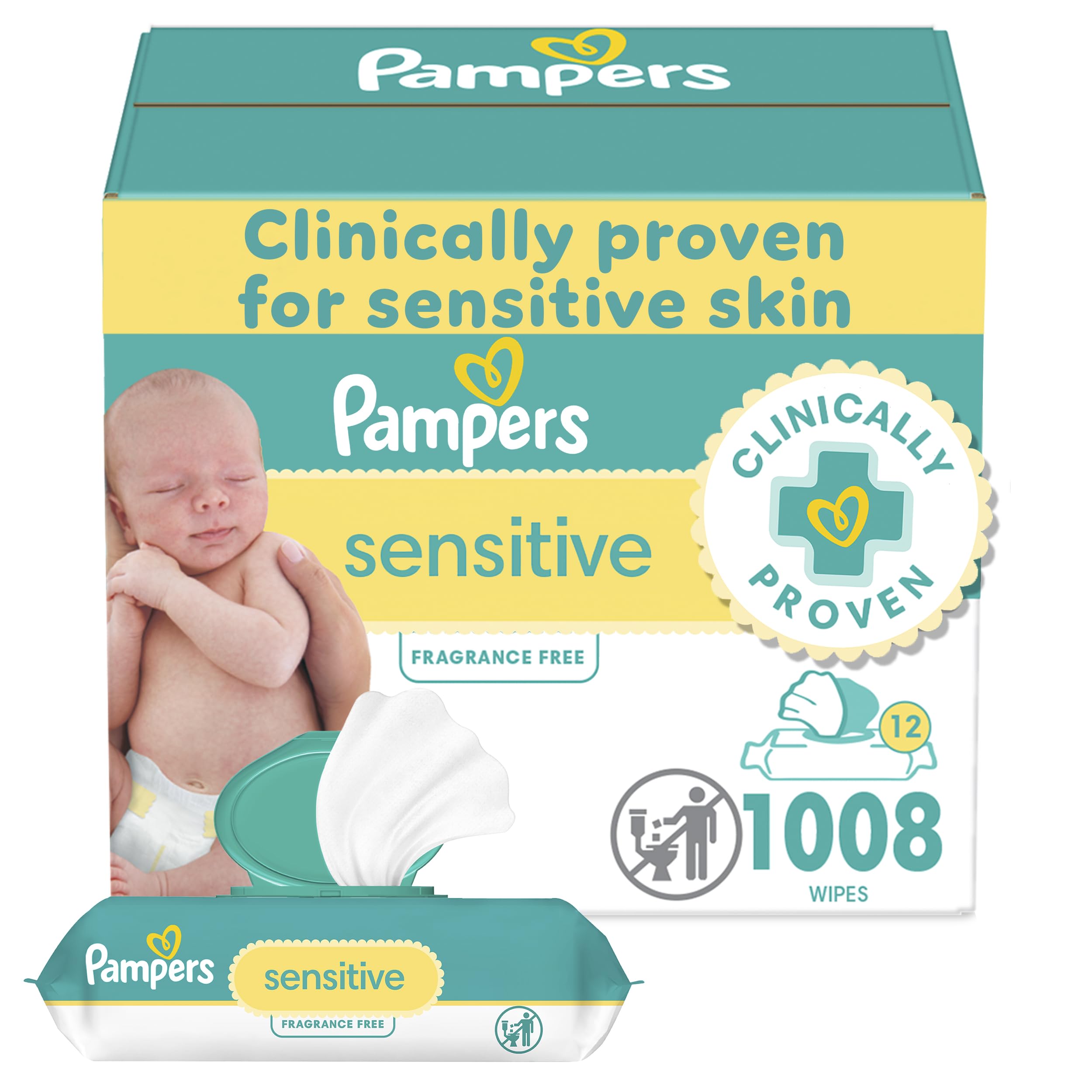 Pampers Sensitive Baby Wipes - Fragrance Free, Hypoallergenic, 12 Pop-Top Packs (1008 Count) | Gentle for Newborn Skin, Diaper Changes & On-The-Go Cleaning