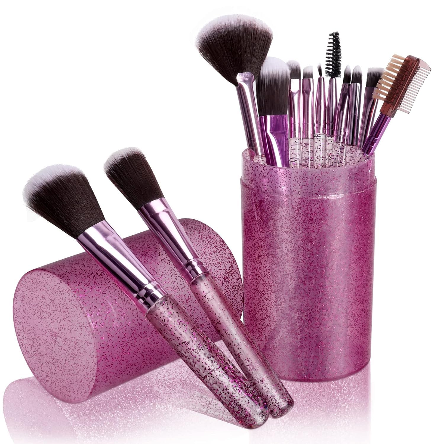 Glamzone 12-Piece Professional Travel Makeup Brush Set with Portable Case - Foundation, Blush, Powder, Eyeshadow, Eyebrow & Lip Brushes - Perfect Gift Kit (Glitter Pink) | Ideal for On-the-Go Makeup, Travel Essentials & Professional Makeup Artists